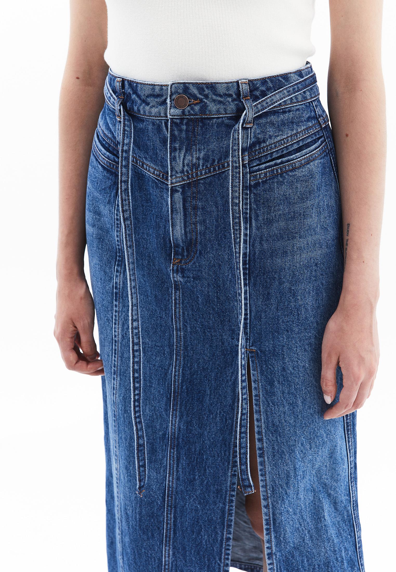 Belted High Waist Midi Skirt - MID BLUE DENIM