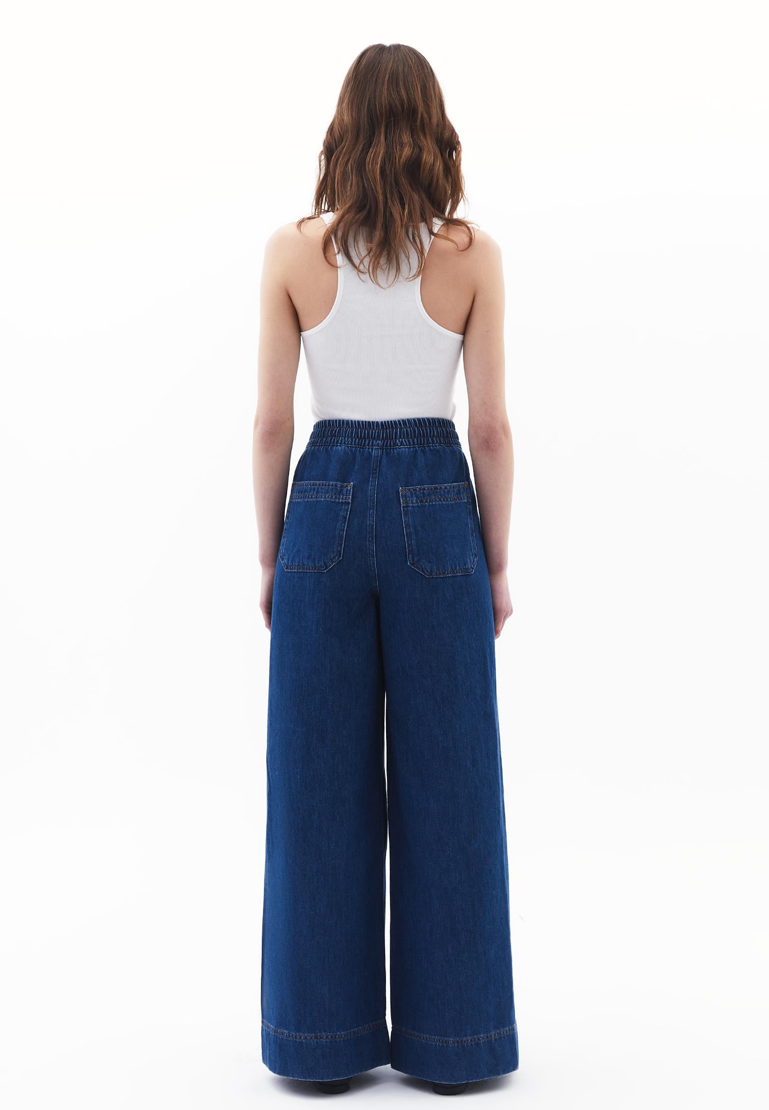Elasticated High Waist Wide Leg Jeans - MID BLUE DENIM