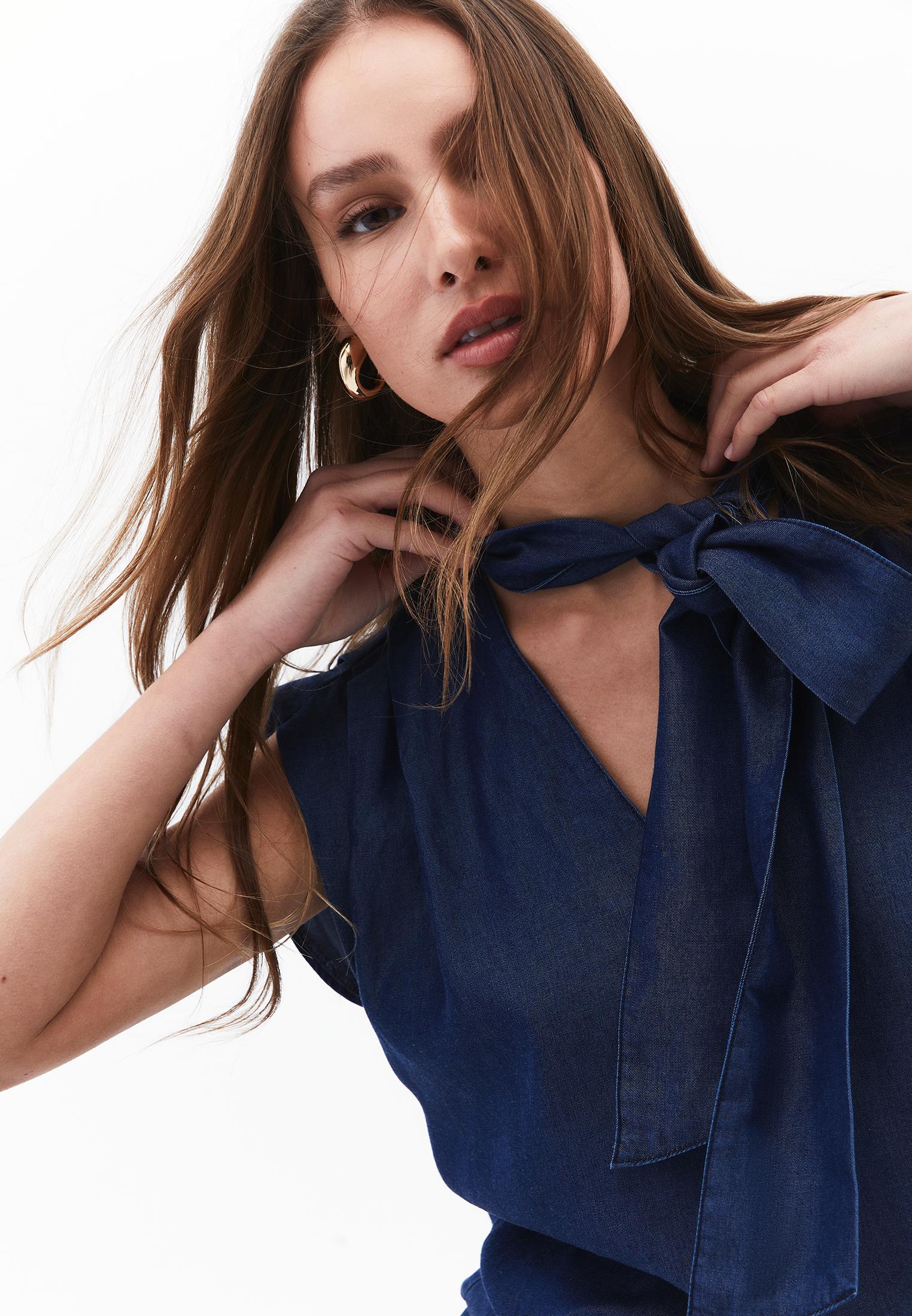 Tencel Blouse With Bow Detail - MID BLUE DENIM