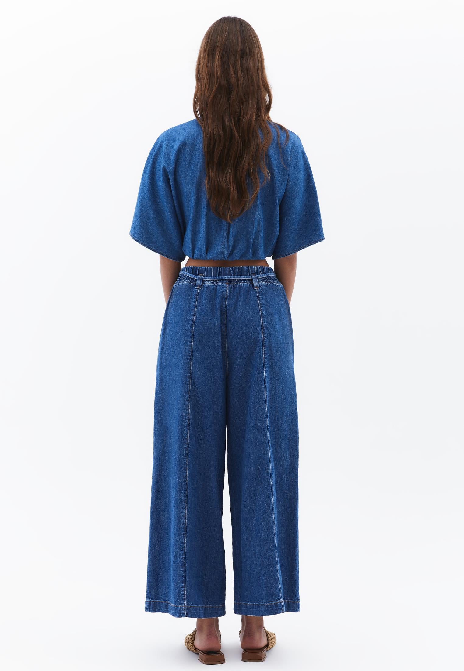 Wide Leg High Waist Cropped Pants - MID BLUE DENIM