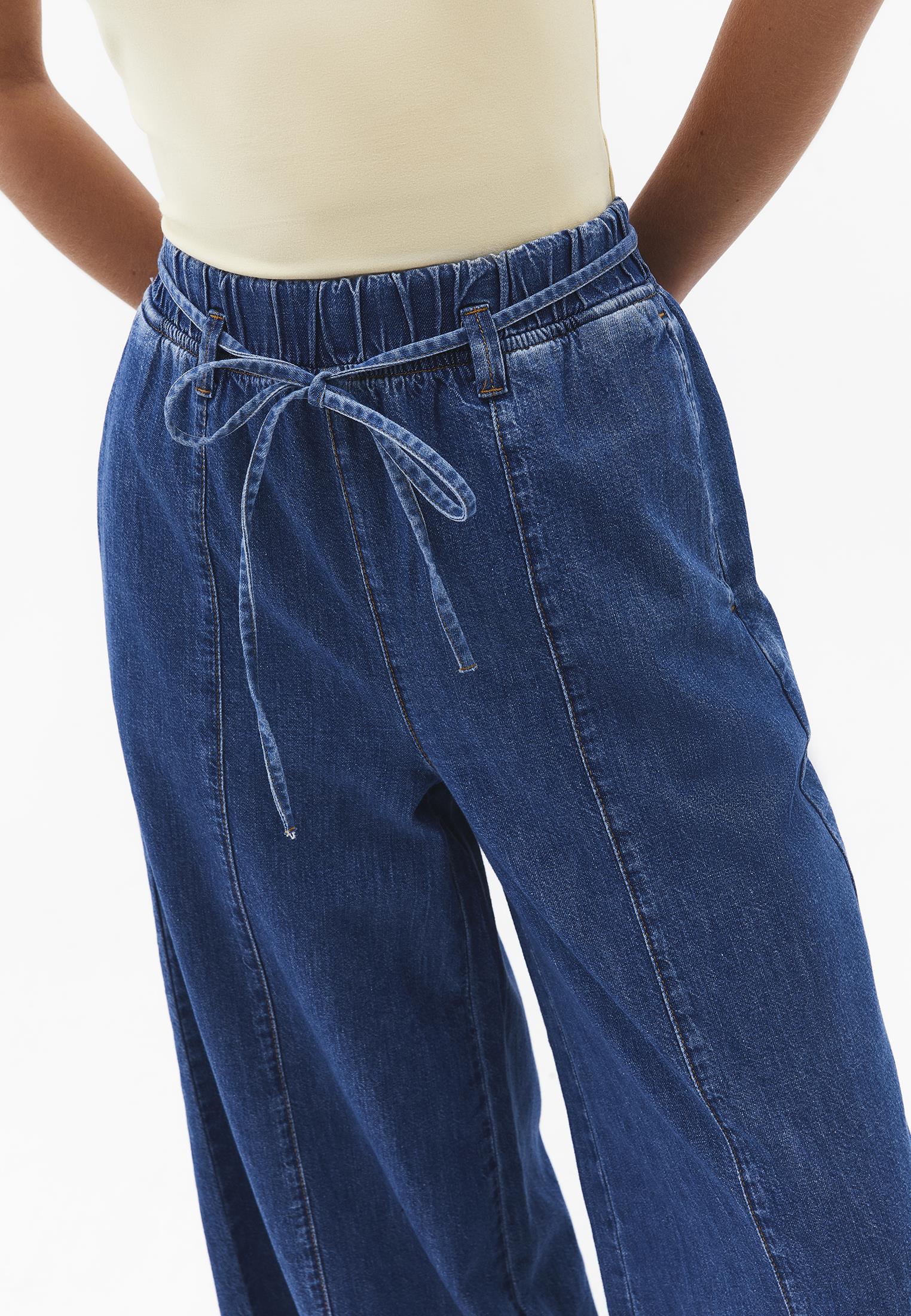 High Waist Cropped Culotte Denim Pants - MID BLUE DENIM