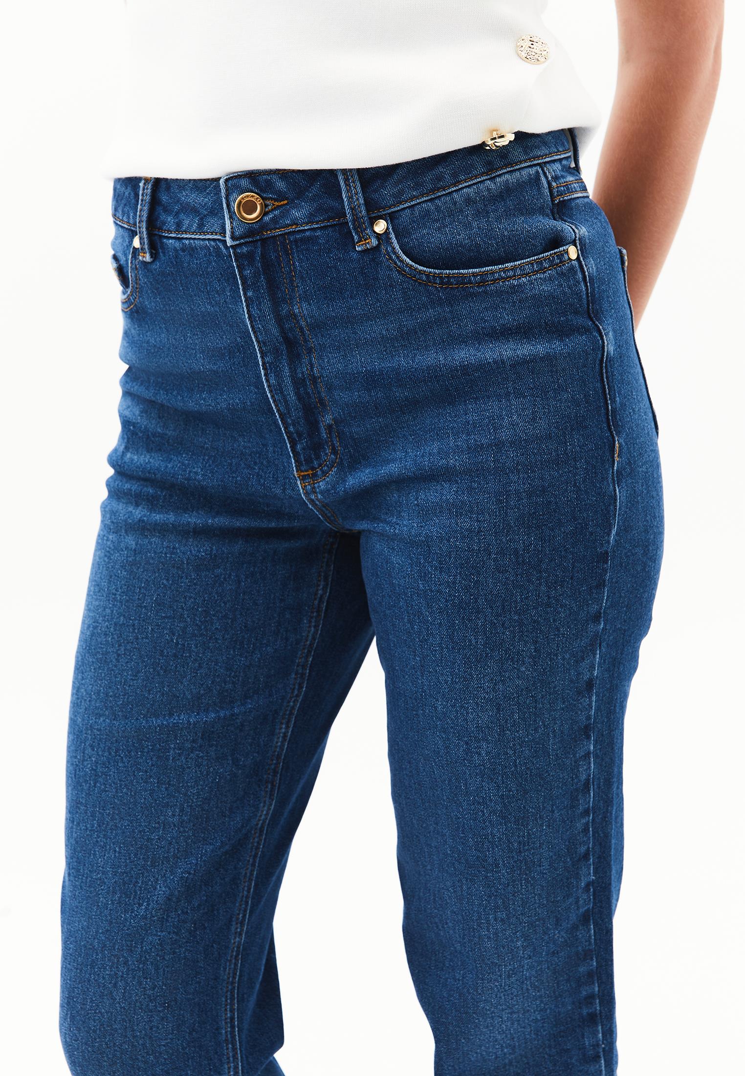 High Waist Straight Leg Pants - MID BLUE DENIM