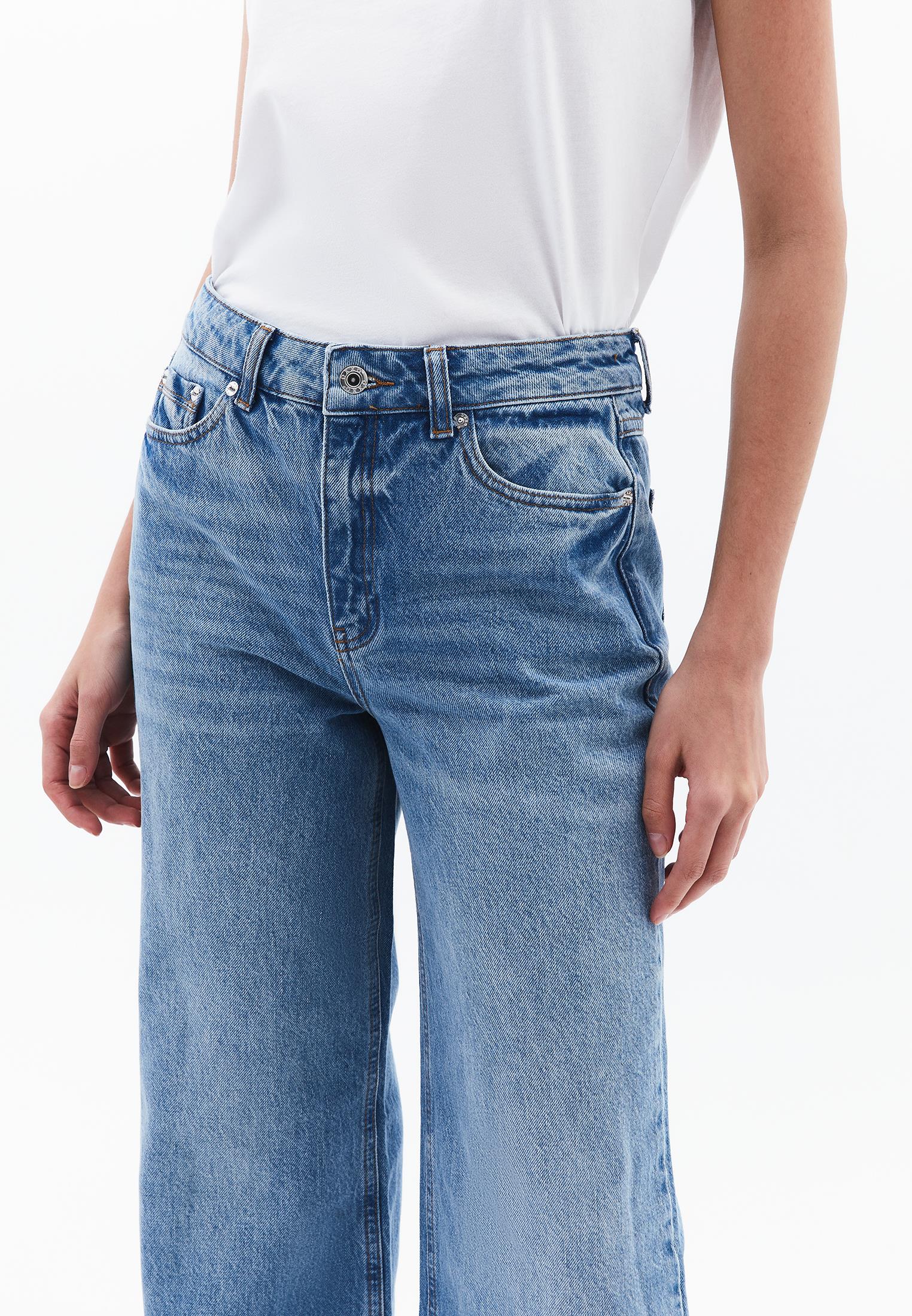 High Waist Wide Leg Denim Pants - MID BLUE DENIM