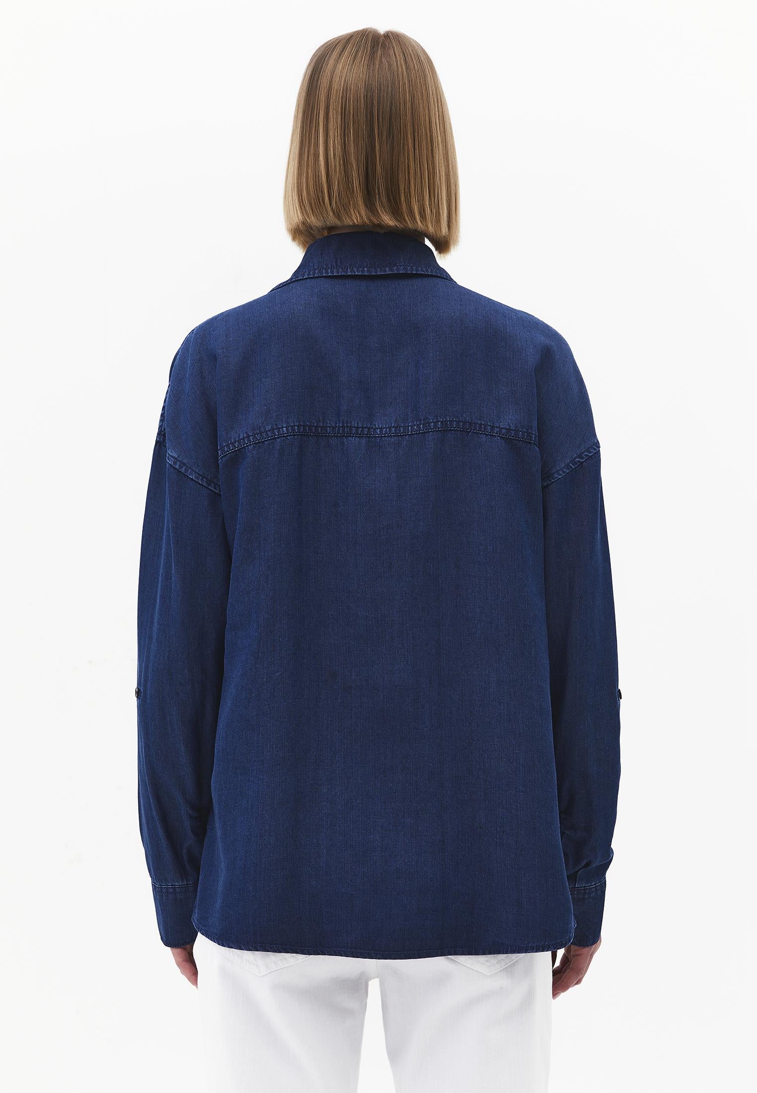 Shirt Collar Long Sleeve Shirt - MID BLUE DENIM