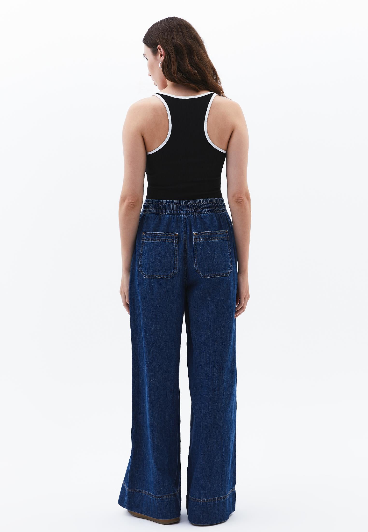 High Waist Wide Leg Long Denim Pants - MID BLUE DENIM