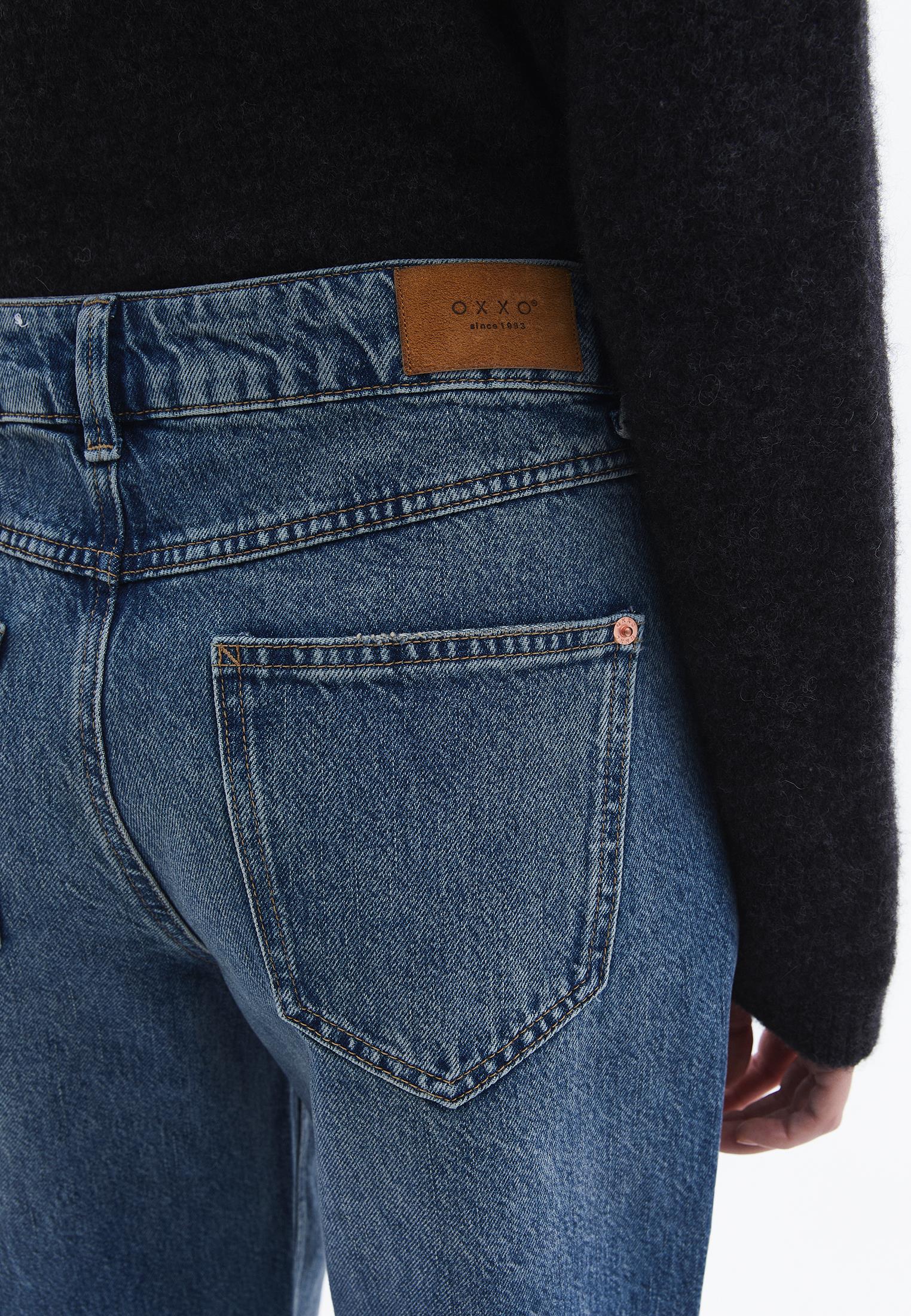 Denim Fabric Straight Leg Pants - MID BLUE DENIM