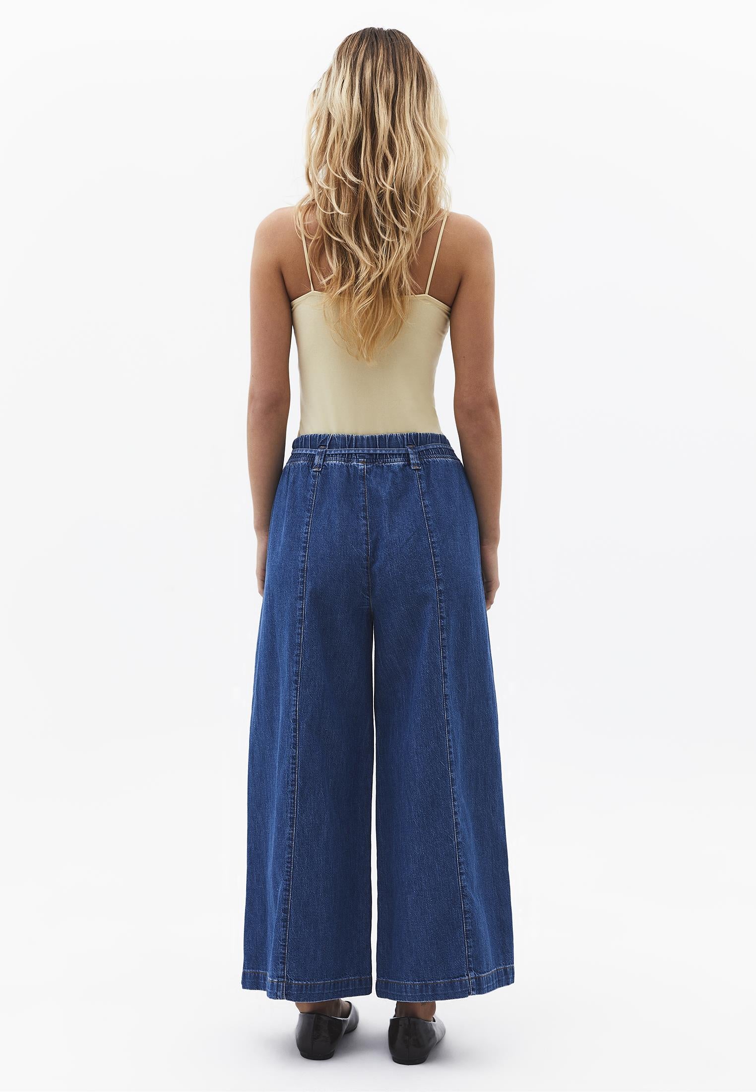 High Waist Cropped Culotte Denim Pants - MID BLUE DENIM