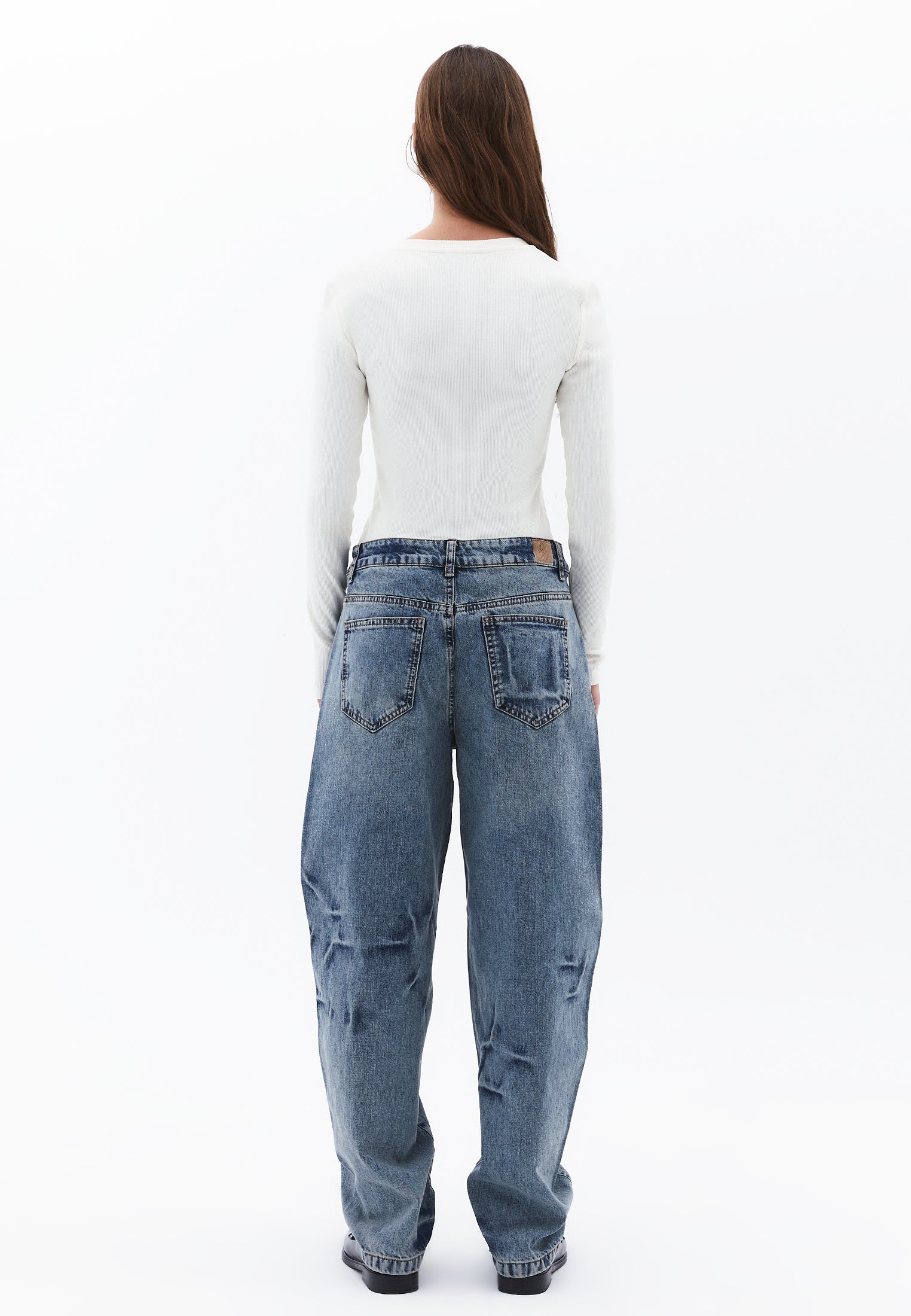 Barrel Leg Denim Pants - MID BLUE DENIM