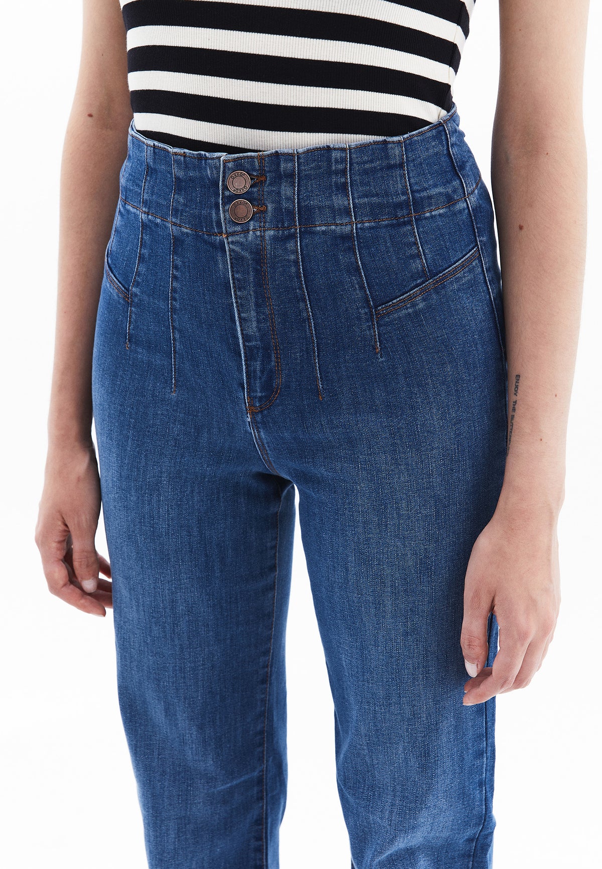 Ultra High Waist Straight Leg Denim Pants - MID BLUE DENIM