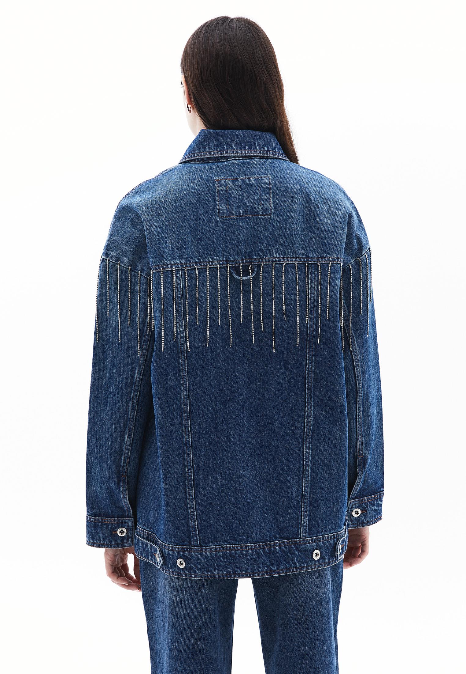 Stone Embellished Oversize Denim Jacket - MID BLUE DENIM