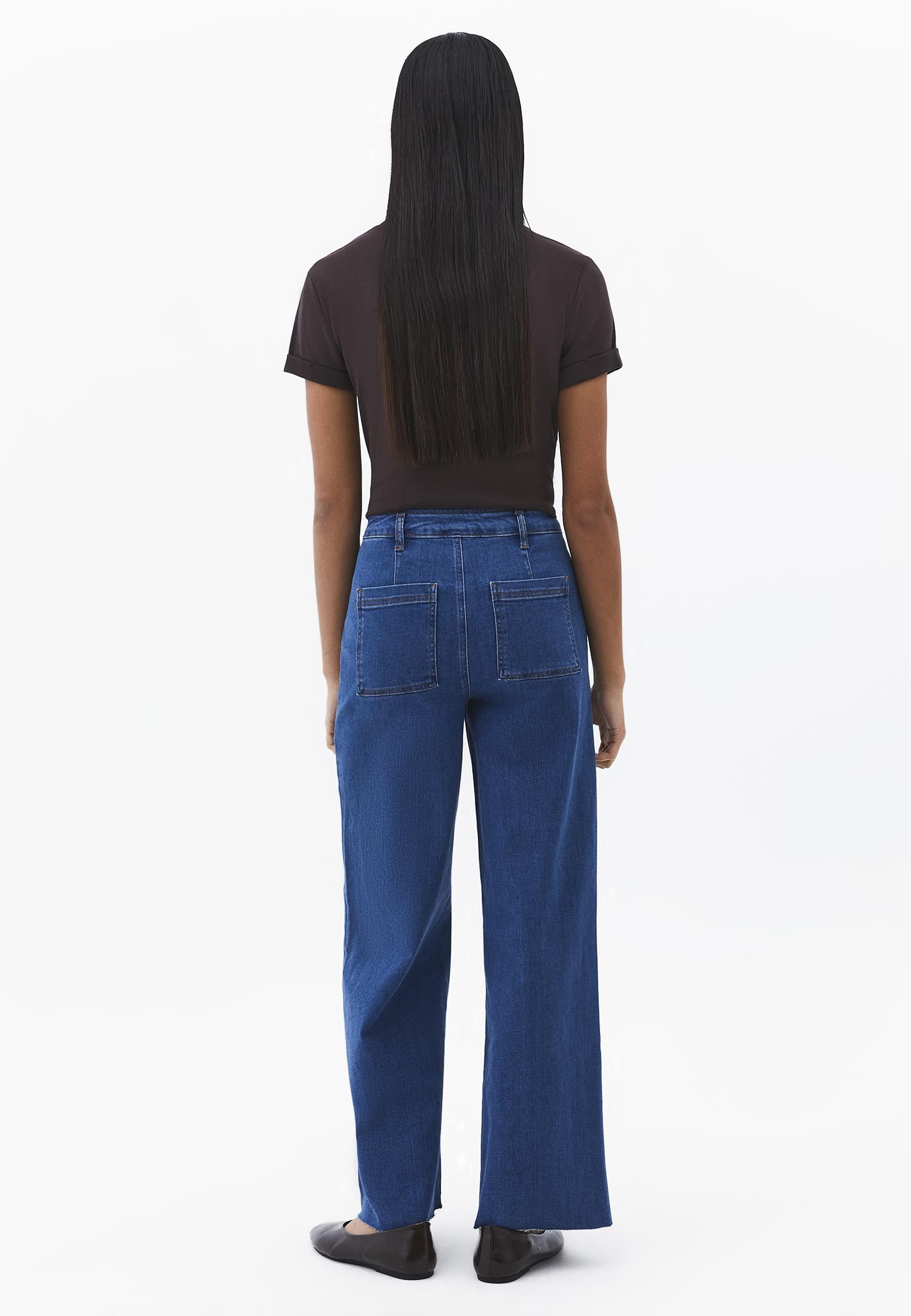 Ultra High Waist Wide Leg Cropped Pants - MID BLUE DENIM