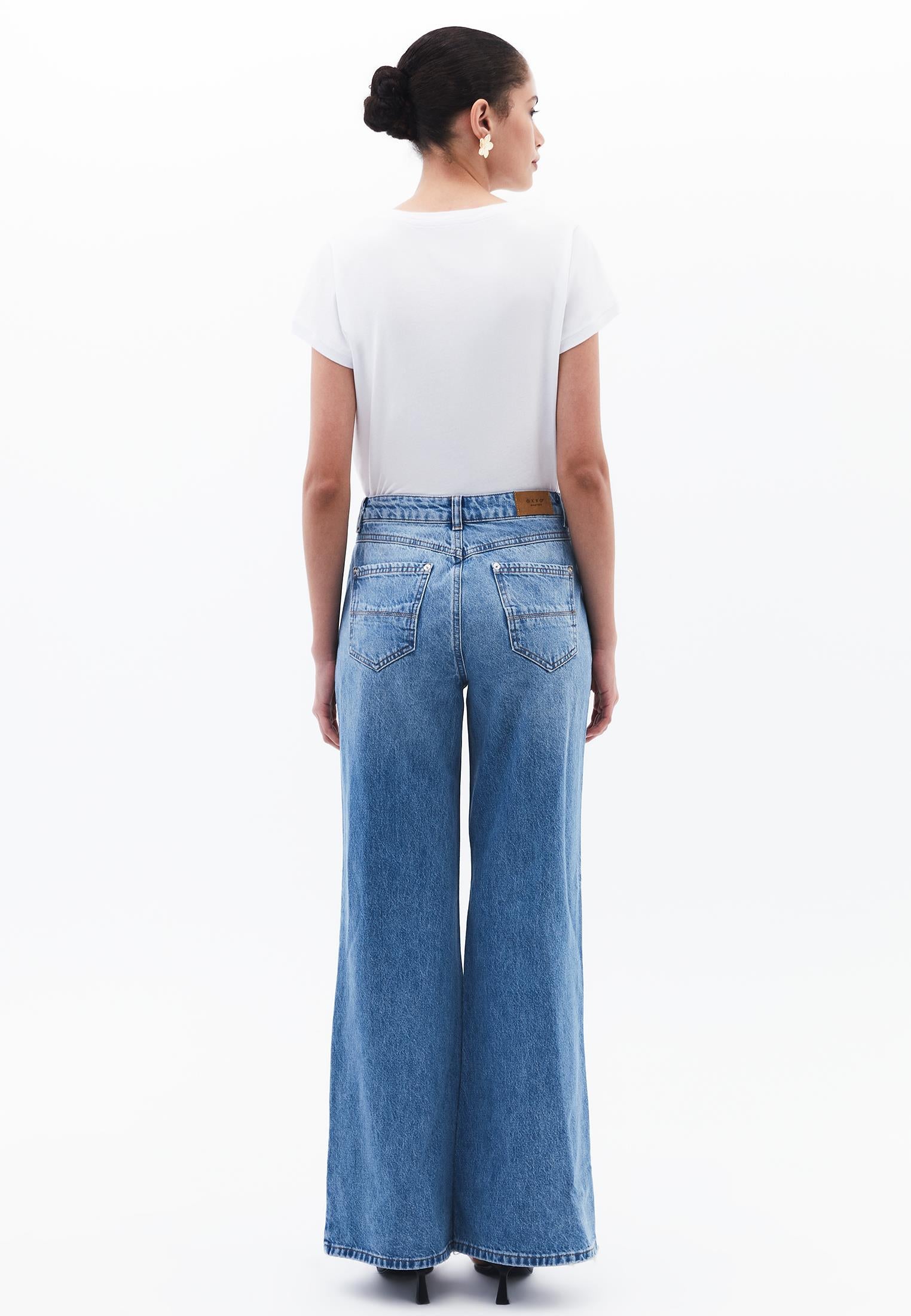 High Waist Wide Leg Denim Pants - MID BLUE DENIM