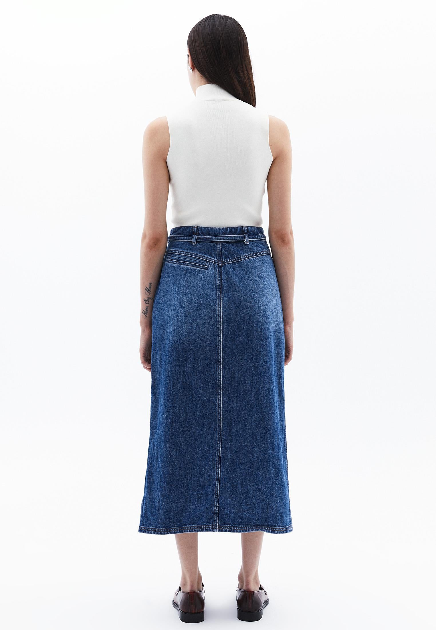Belted High Waist Midi Skirt - MID BLUE DENIM