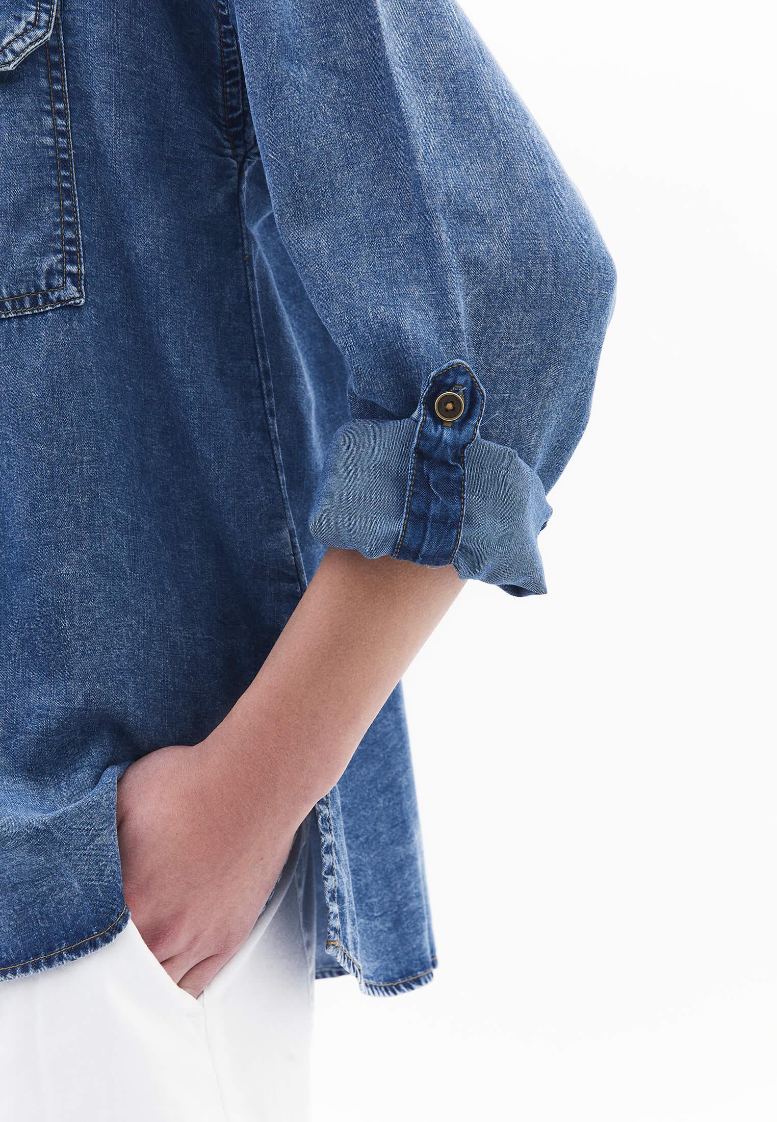 Long Sleeve Loose Fit Shirt With Pockets - MID BLUE DENIM