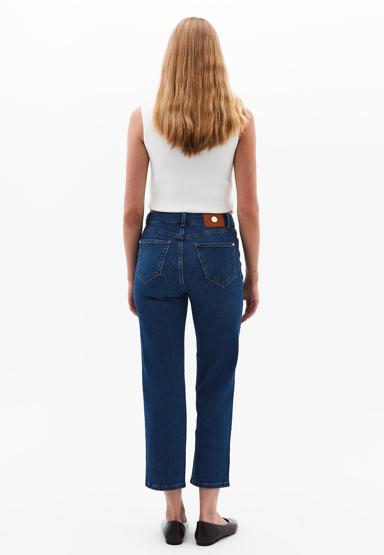 High Waist Straight Leg Pants - MID BLUE DENIM