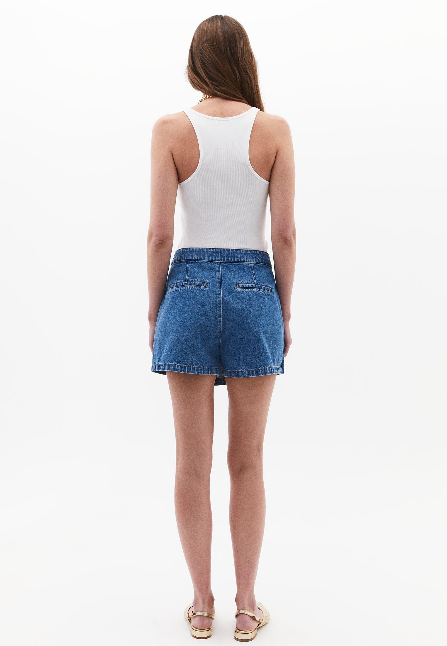High Waist A-Line Denim Shorts - MID BLUE DENIM
