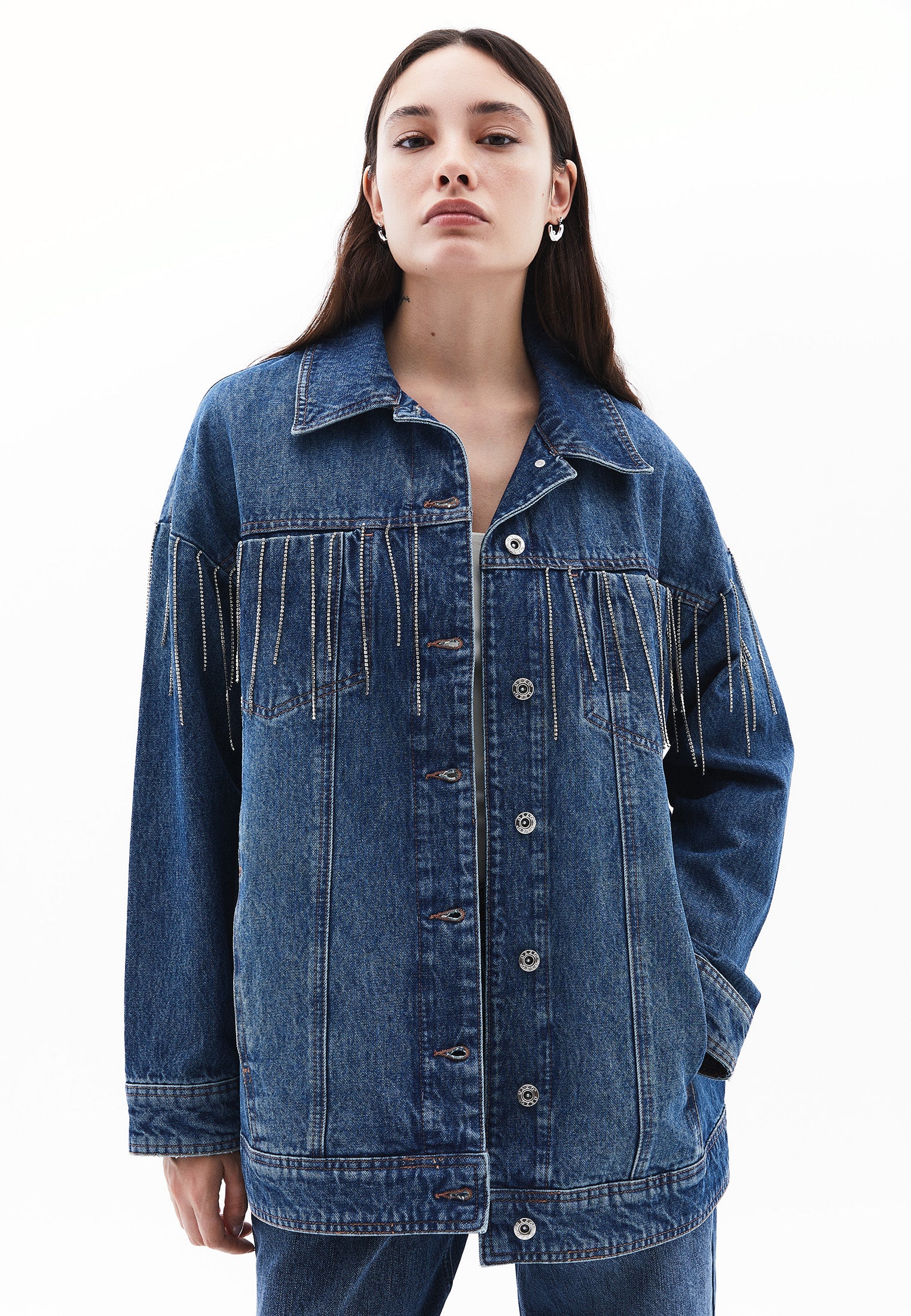 Stone Embellished Oversize Denim Jacket - MID BLUE DENIM