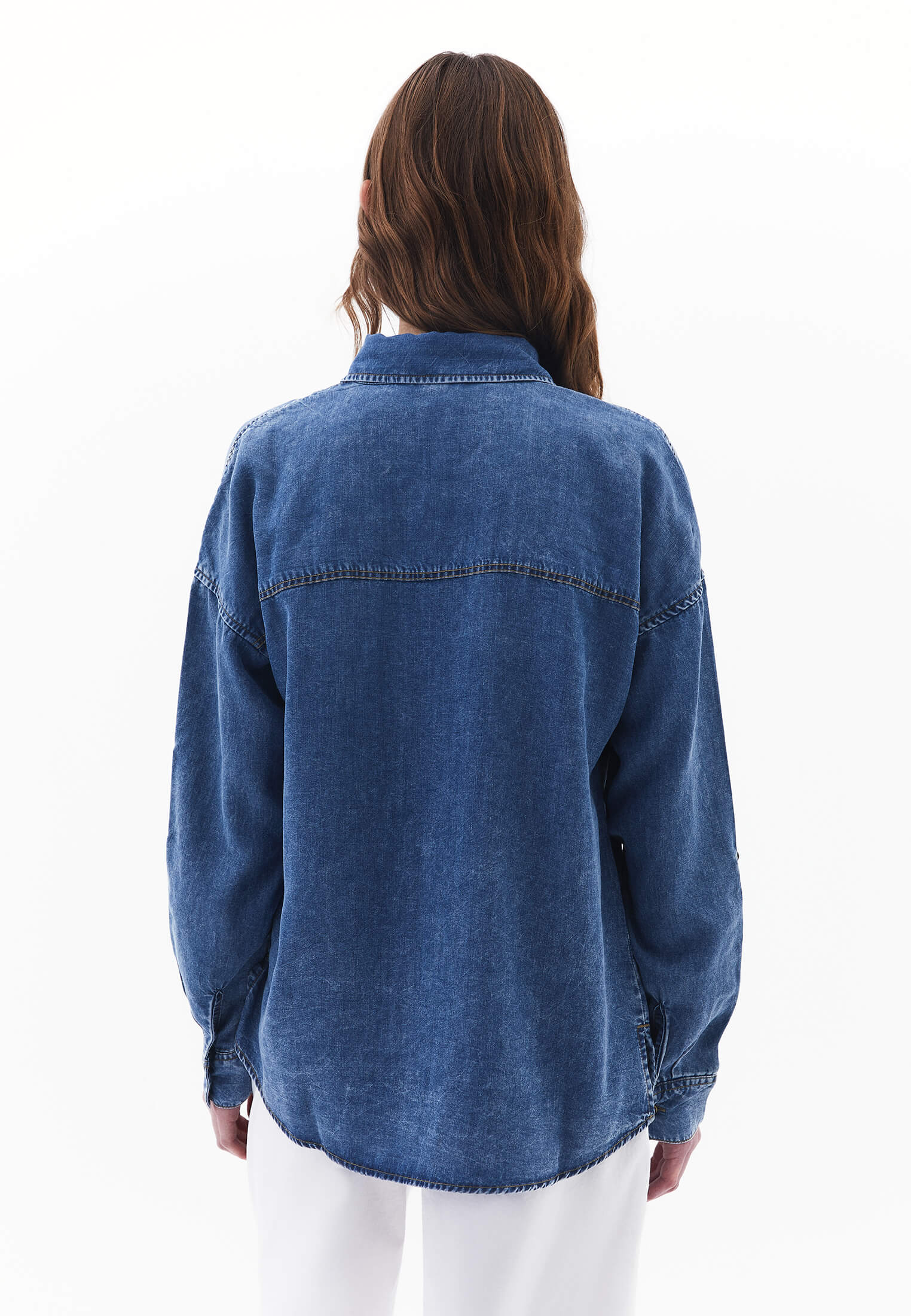 Long Sleeve Loose Fit Shirt With Pockets - MID BLUE DENIM
