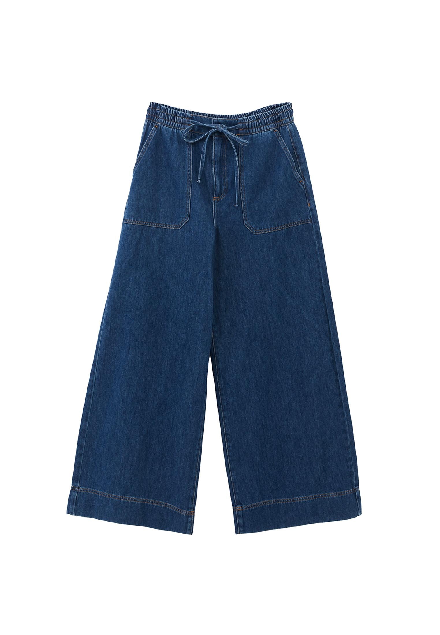 Elasticated High Waist Wide Leg Jeans - MID BLUE DENIM
