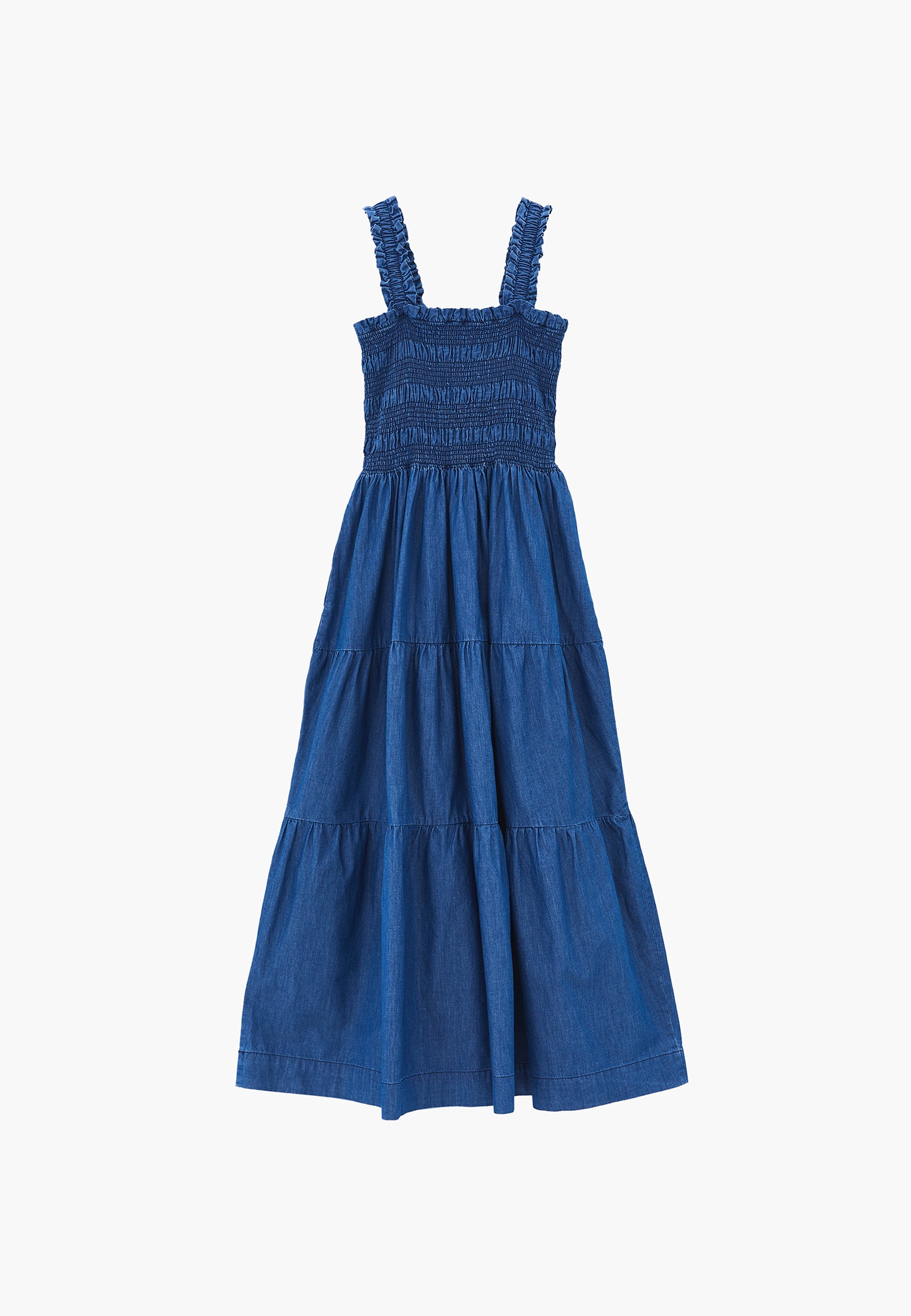 Square Neck Long Smocked Dress - MID BLUE DENIM