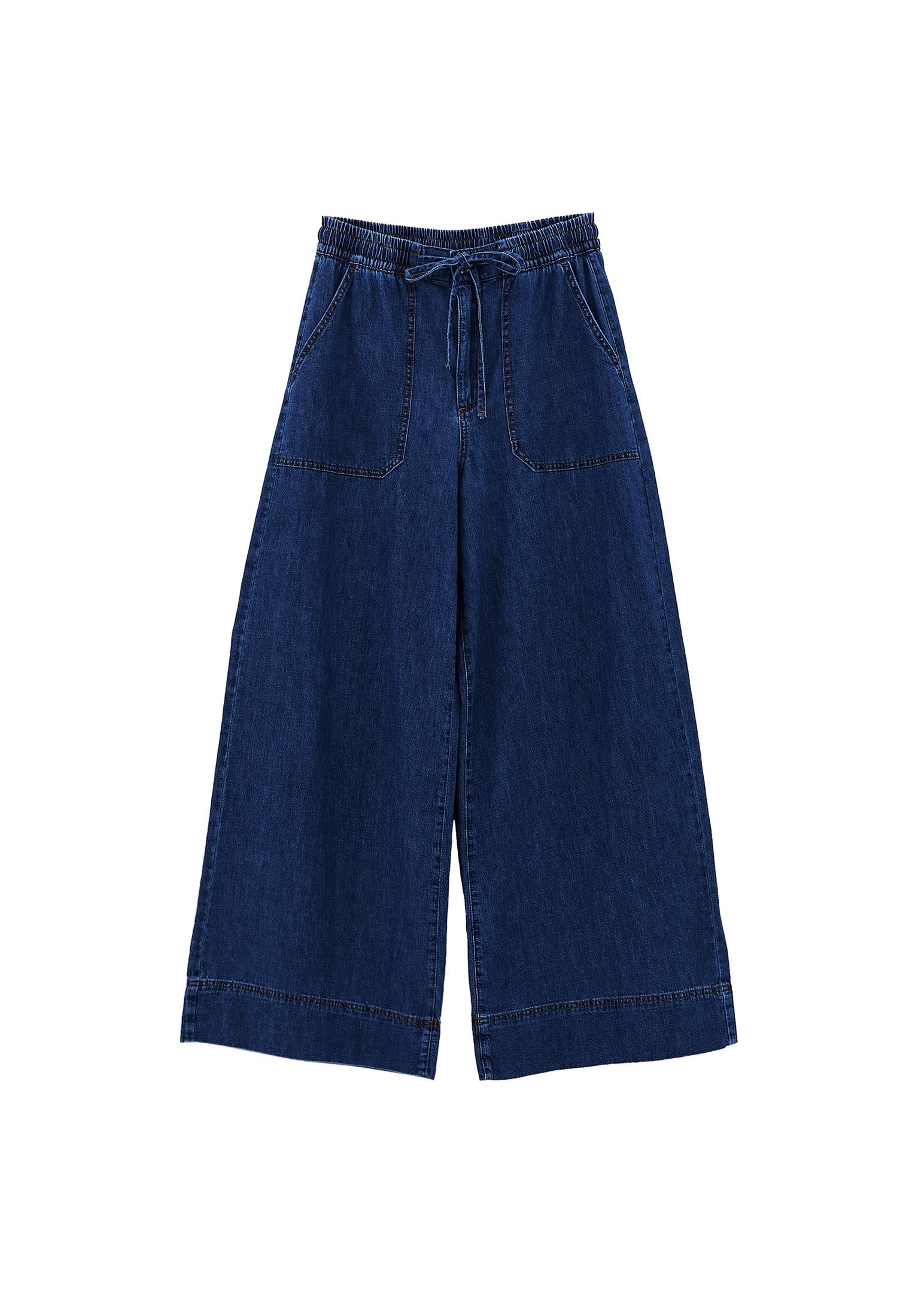 High Waist Wide Leg Long Denim Pants - MID BLUE DENIM