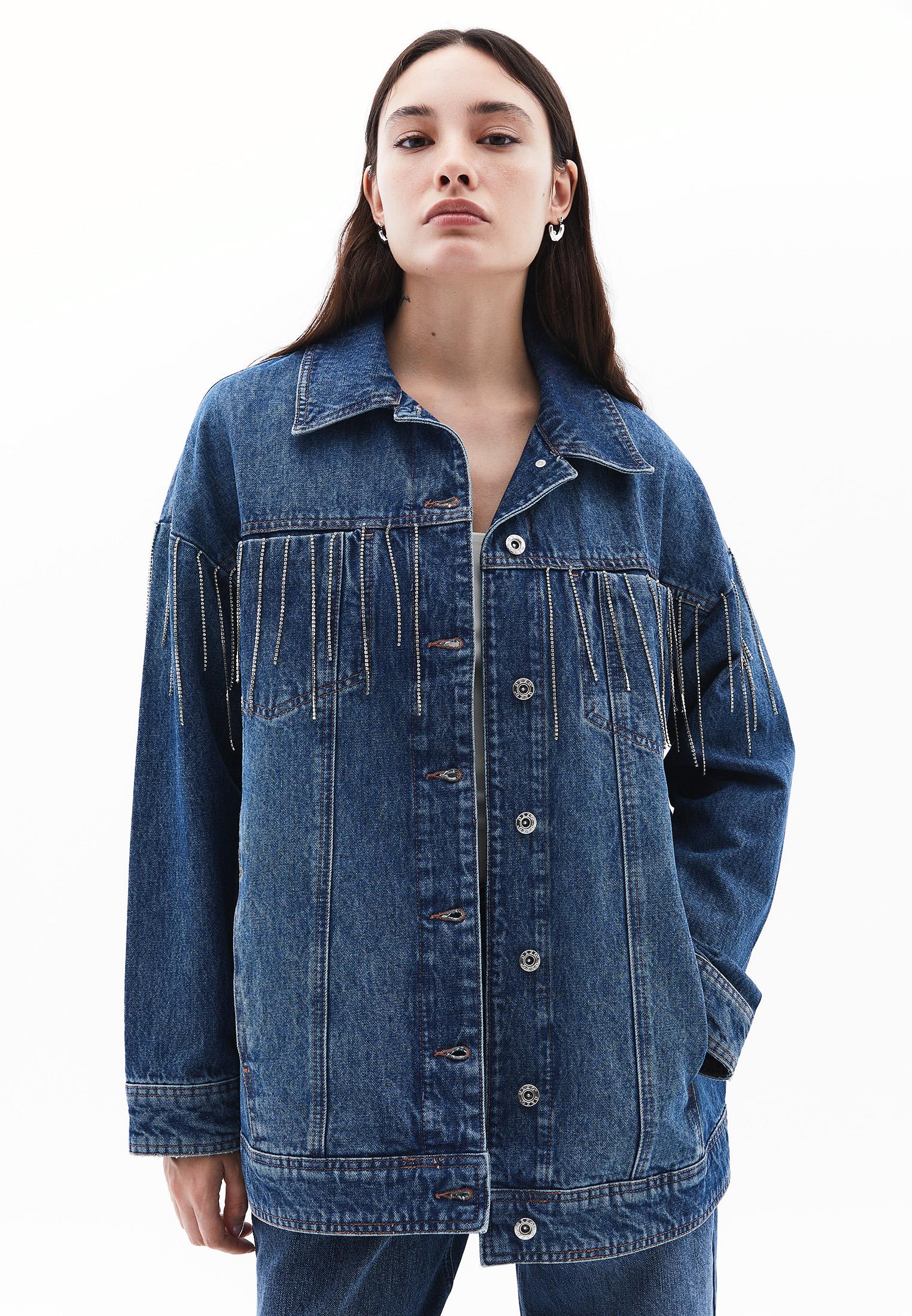 Stone Embellished Oversize Denim Jacket - MID BLUE DENIM