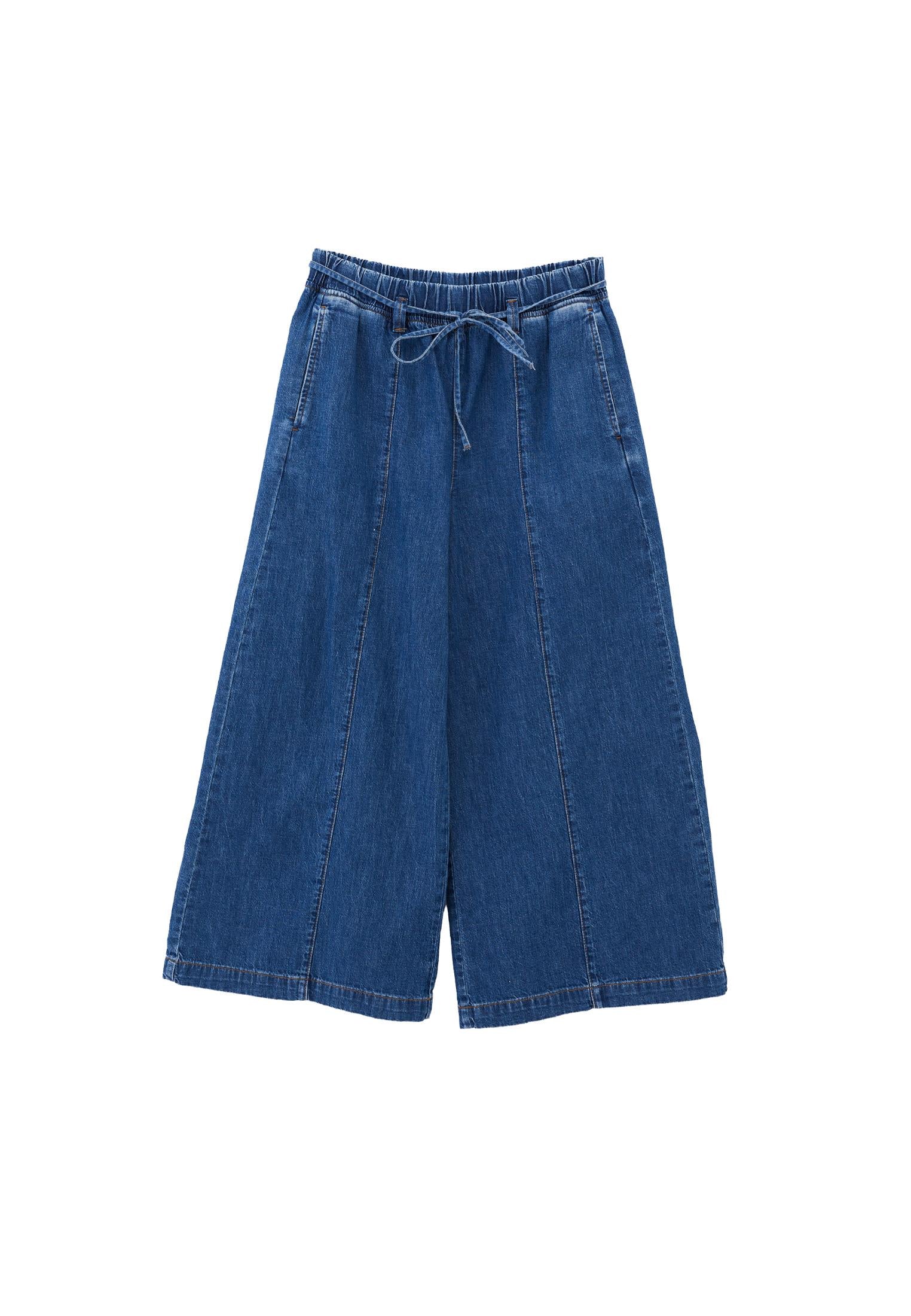 Wide Leg High Waist Cropped Pants - MID BLUE DENIM