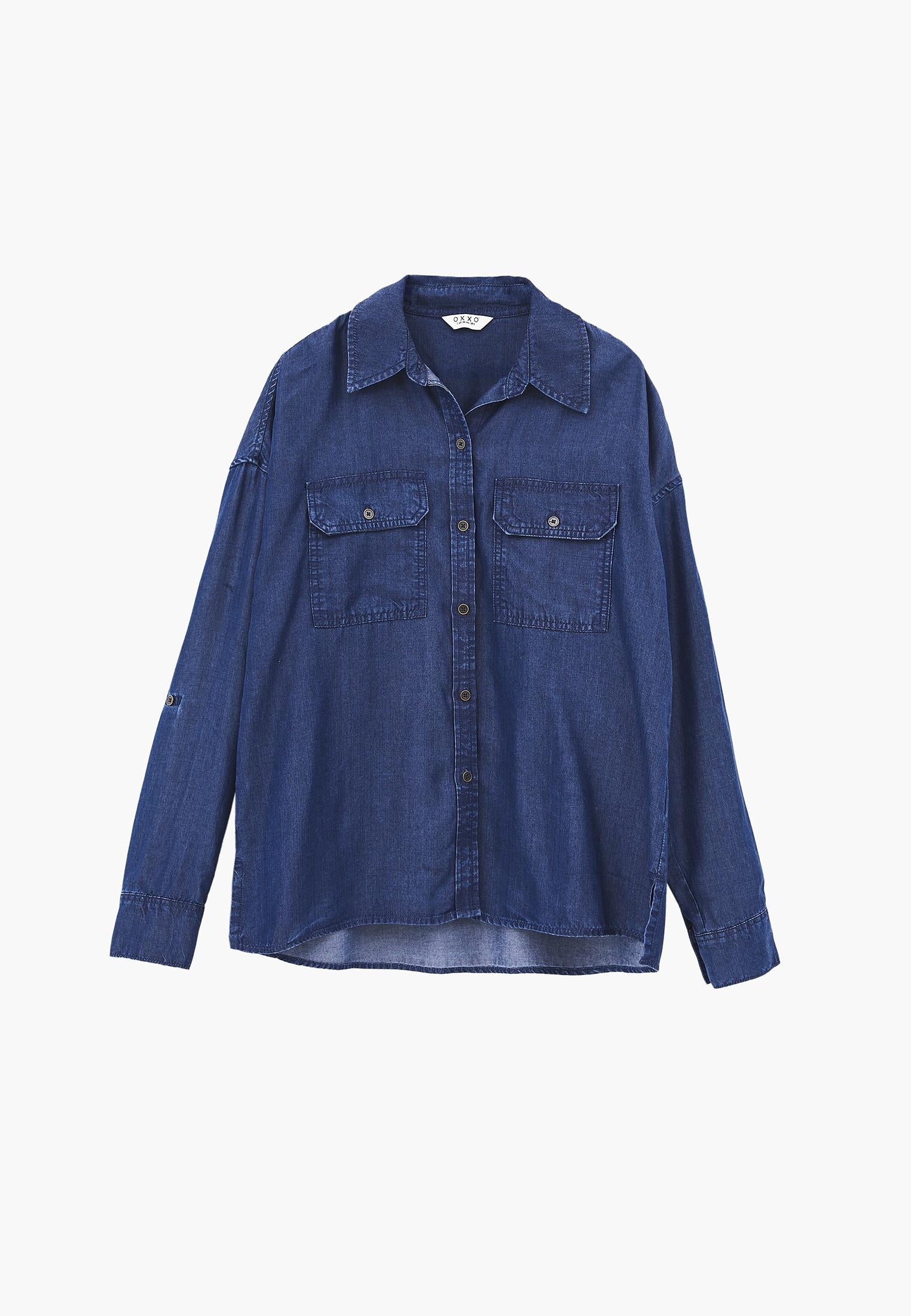 Shirt Collar Long Sleeve Shirt - MID BLUE DENIM