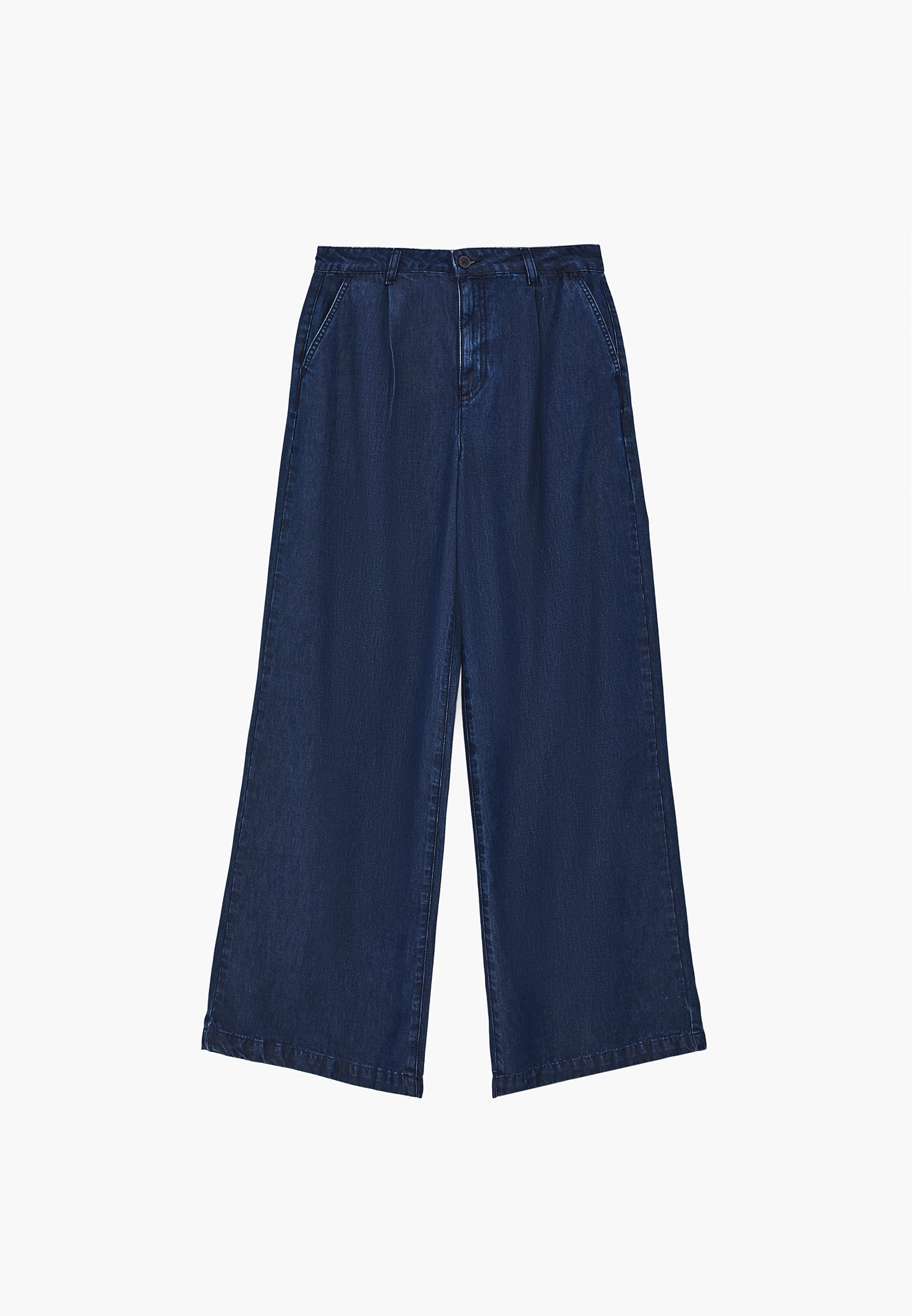 Wide Leg Regular Waist Pleated Trousers - MID BLUE DENIM