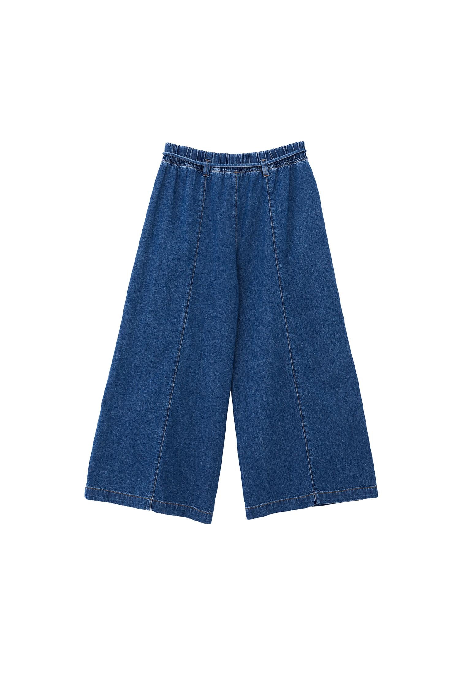 Wide Leg High Waist Cropped Pants - MID BLUE DENIM
