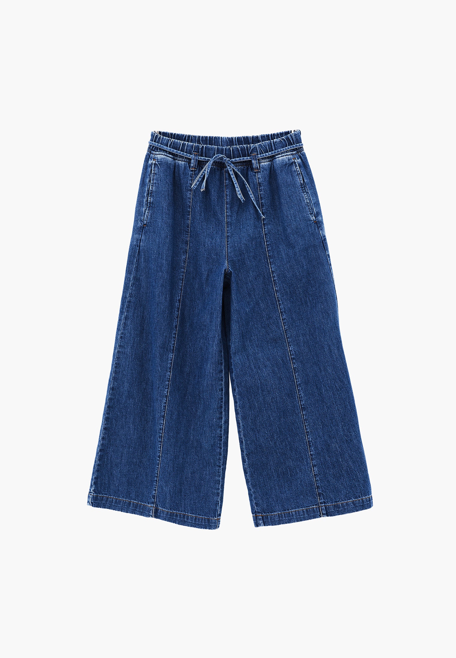 High Waist Cropped Culotte Denim Pants - MID BLUE DENIM