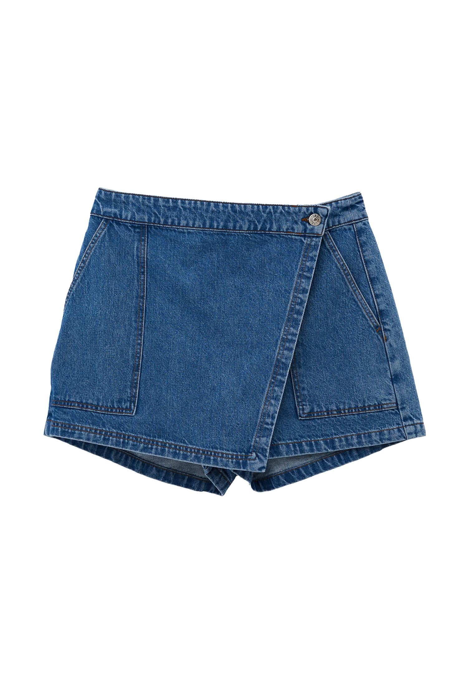 High Waist A-Line Denim Shorts - MID BLUE DENIM