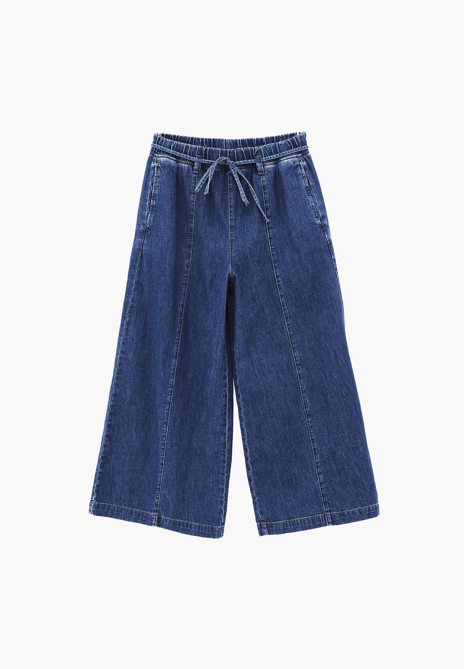 High Waist Cropped Culotte Denim Pants - MID BLUE DENIM