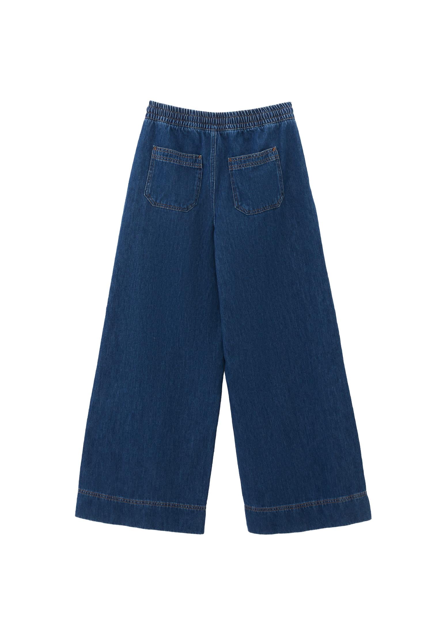Elasticated High Waist Wide Leg Jeans - MID BLUE DENIM