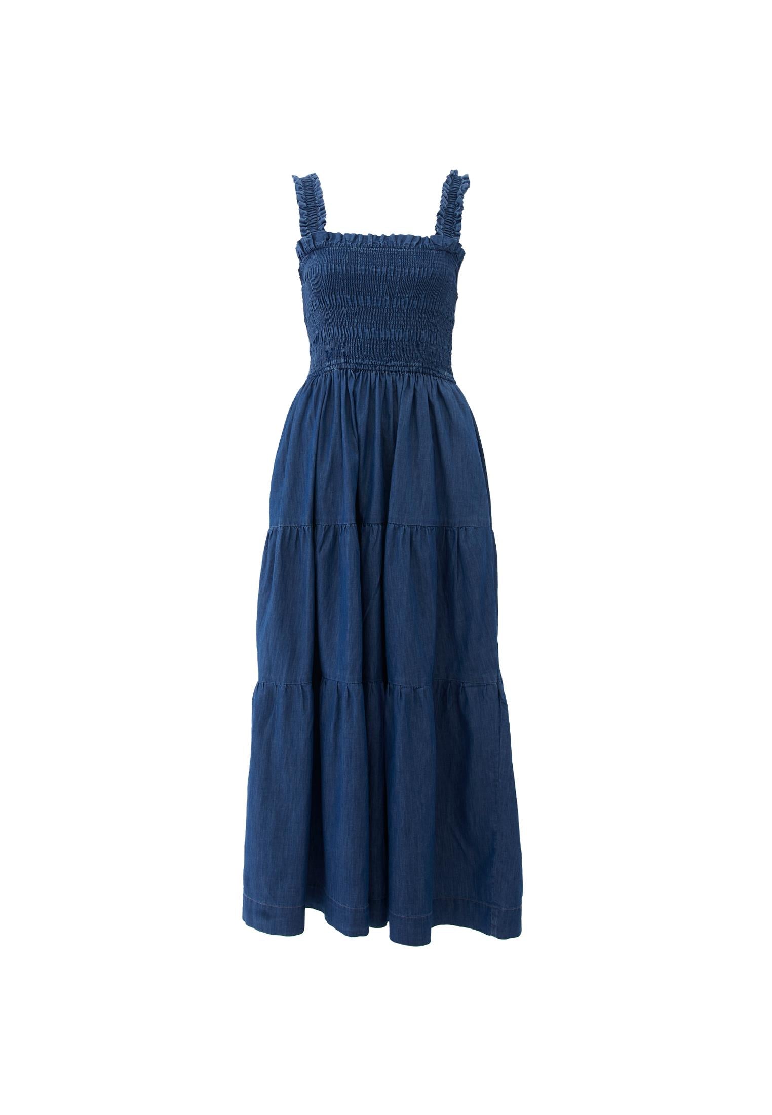 Long Dress With Straps And Square Neck With Smocked Details - MID BLUE DENIM