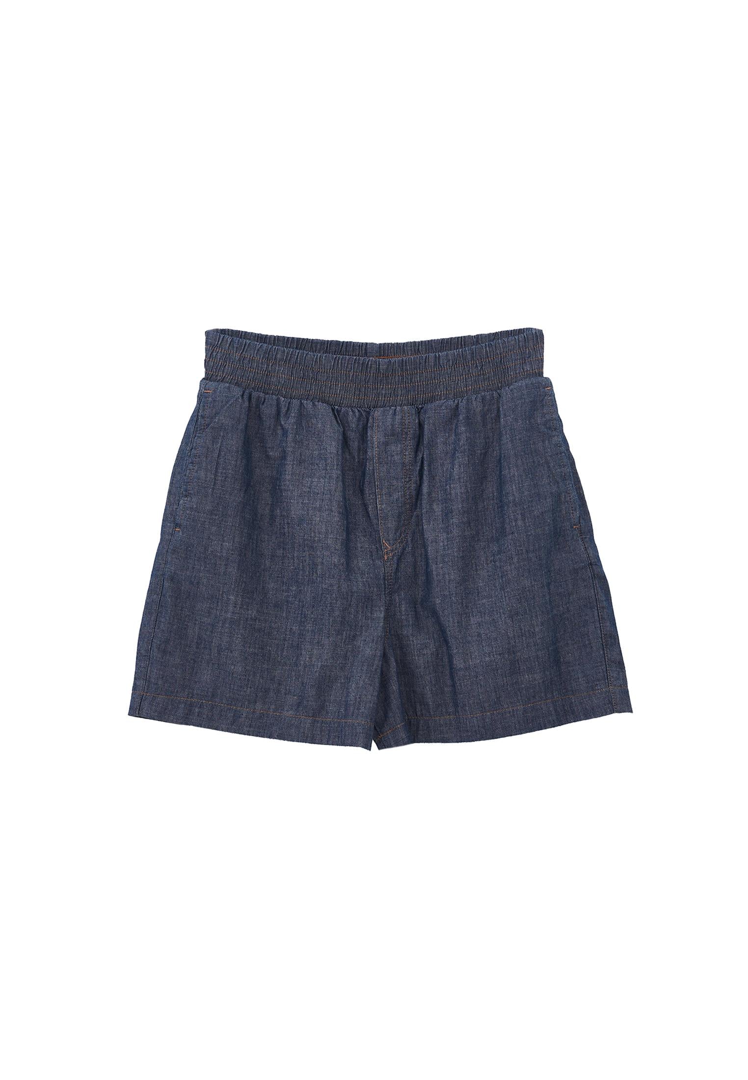 High Waist Elasticated Shorts - MID BLUE DENIM