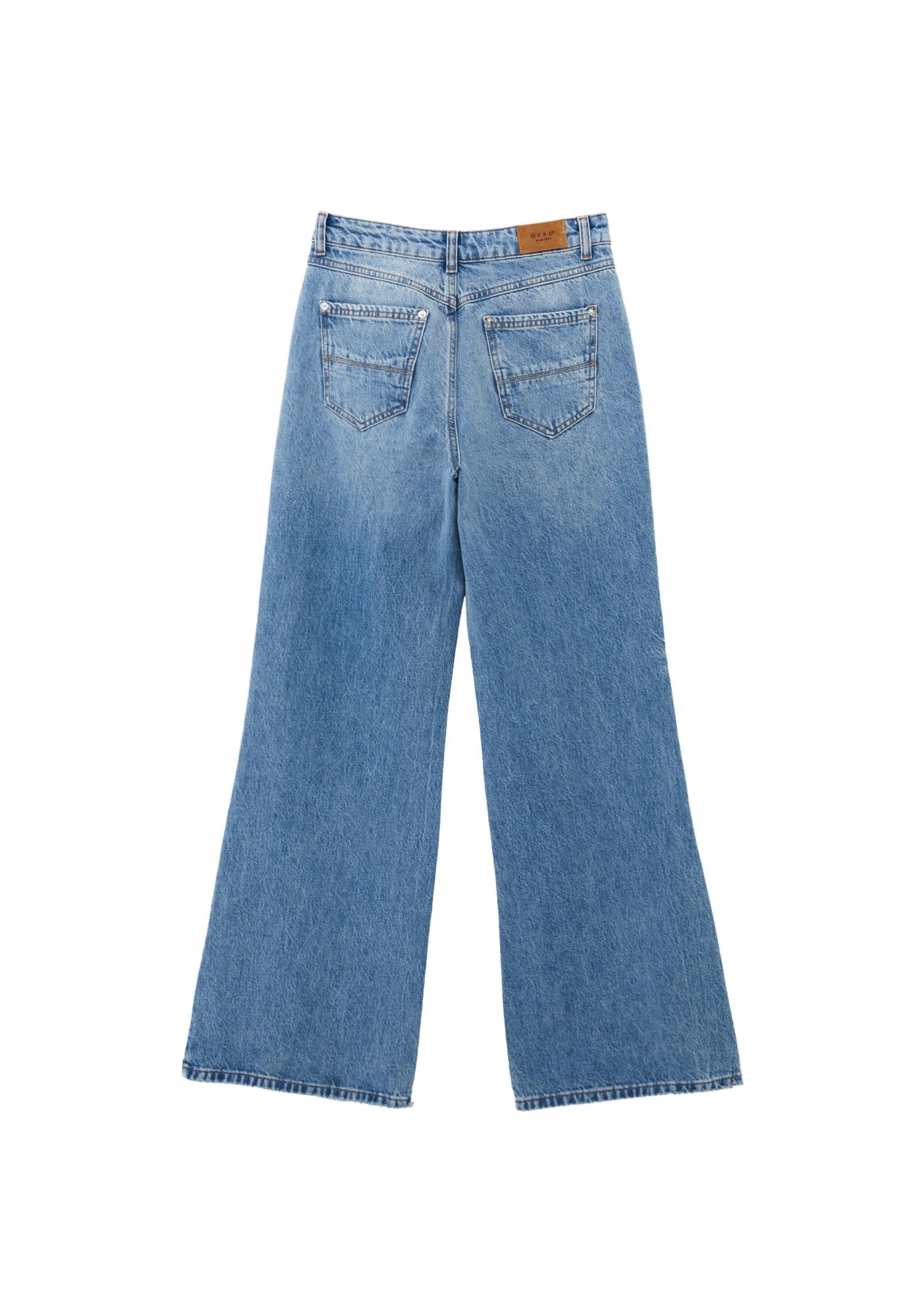High Waist Wide Leg Denim Pants - MID BLUE DENIM
