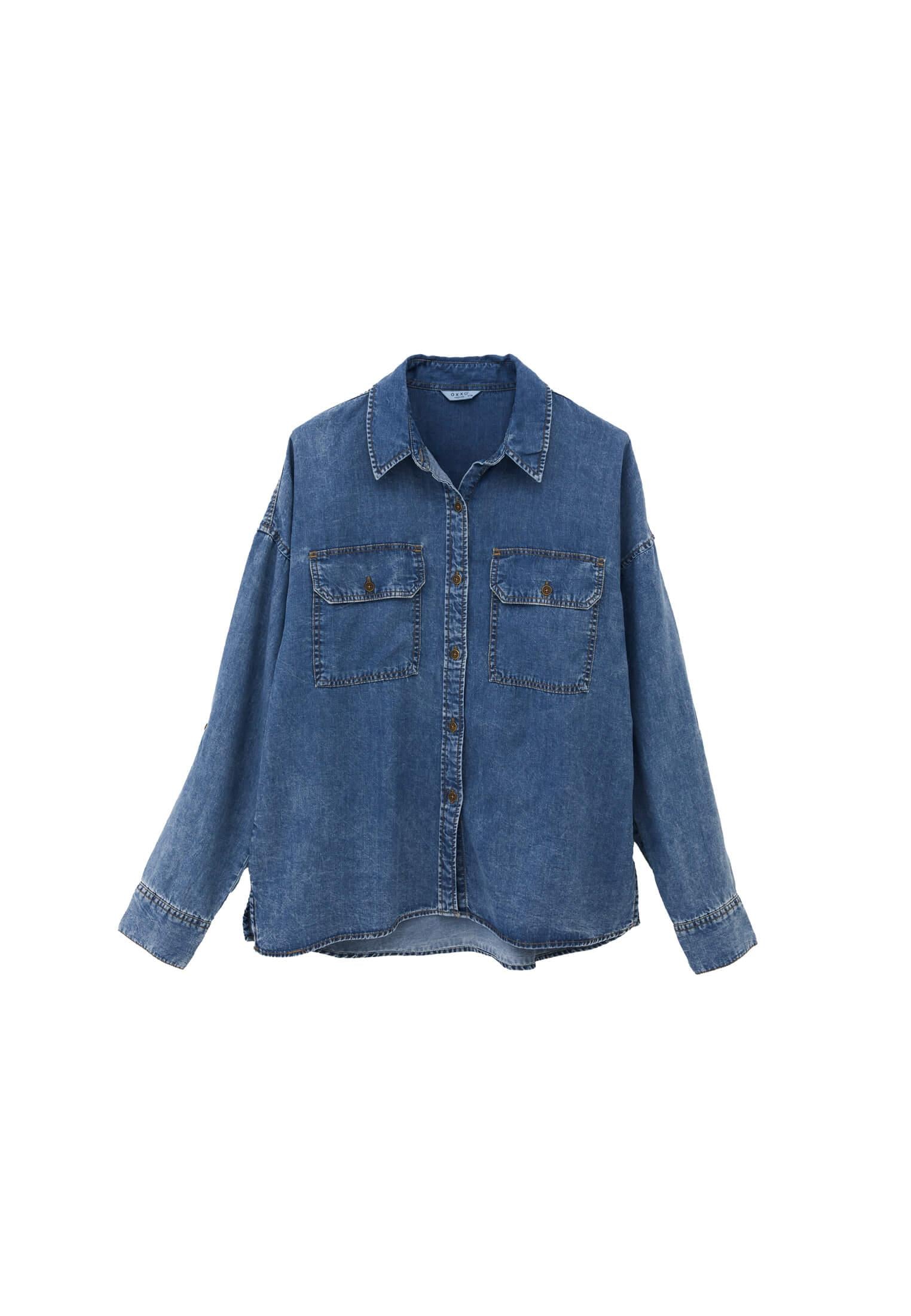 Long Sleeve Loose Fit Shirt With Pockets - MID BLUE DENIM