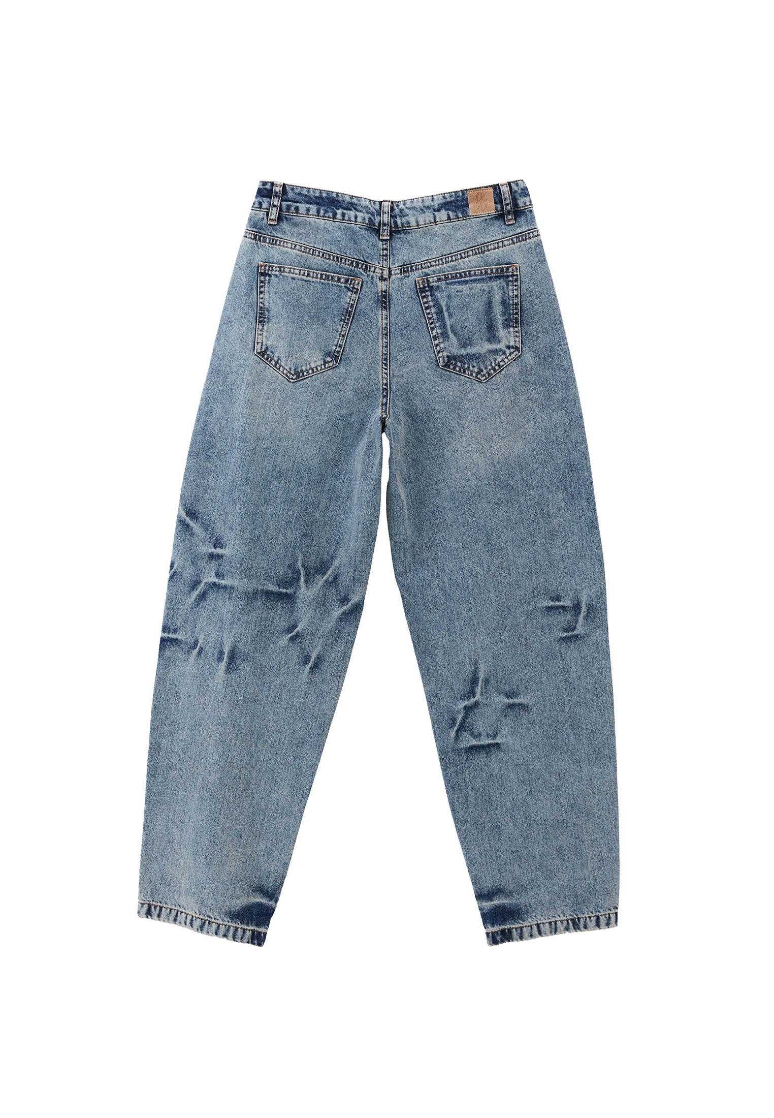Barrel Leg Denim Pants - MID BLUE DENIM