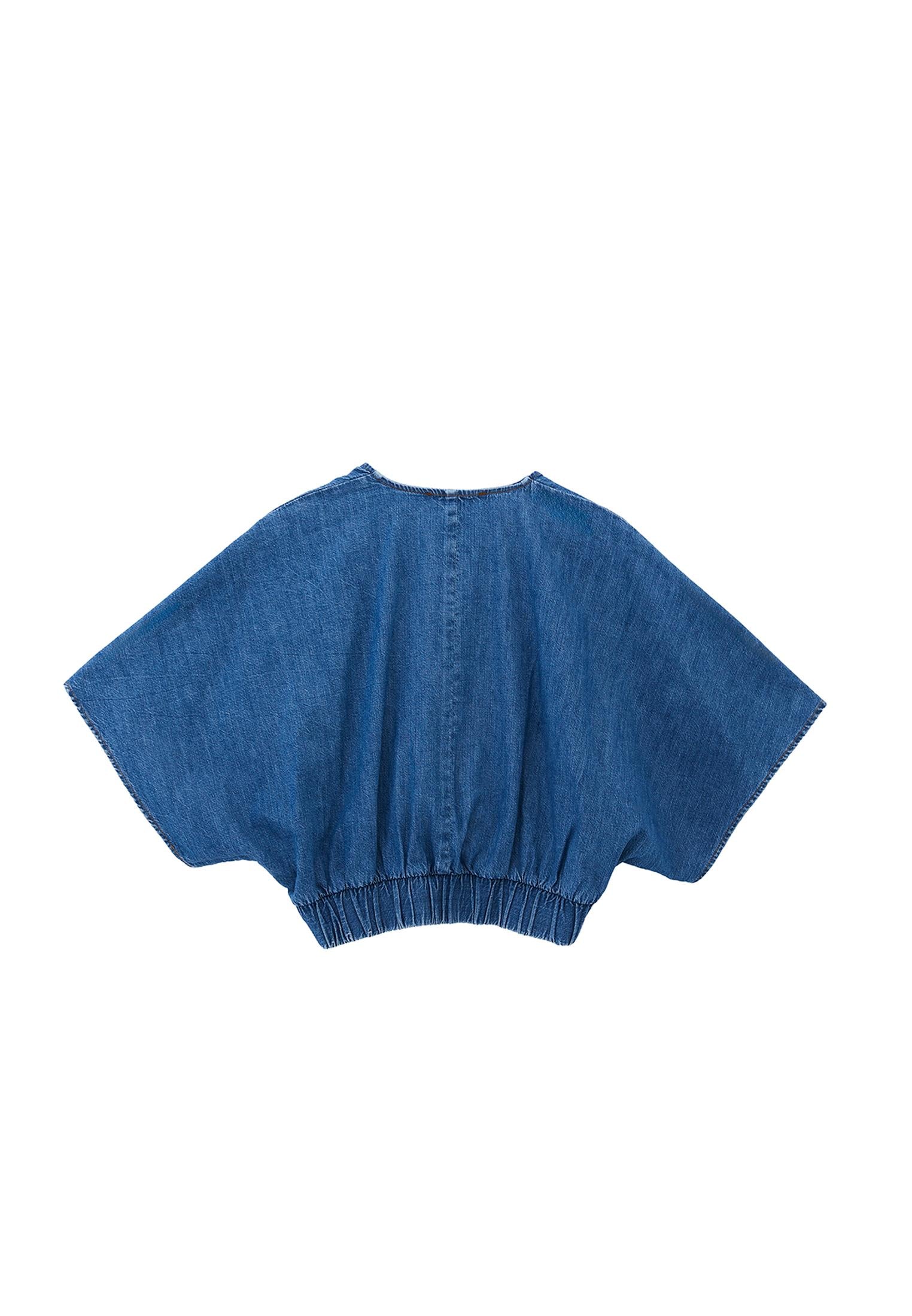 V Neck Short Sleeve Twisted Cropped Blouse - MID BLUE DENIM
