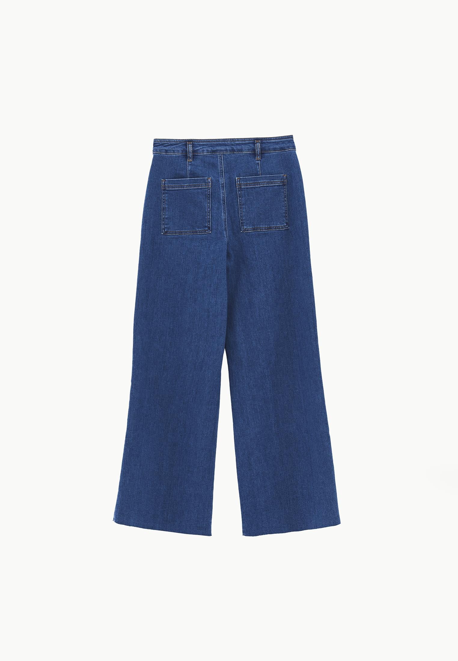 Ultra High Waist Wide Leg Cropped Pants - MID BLUE DENIM