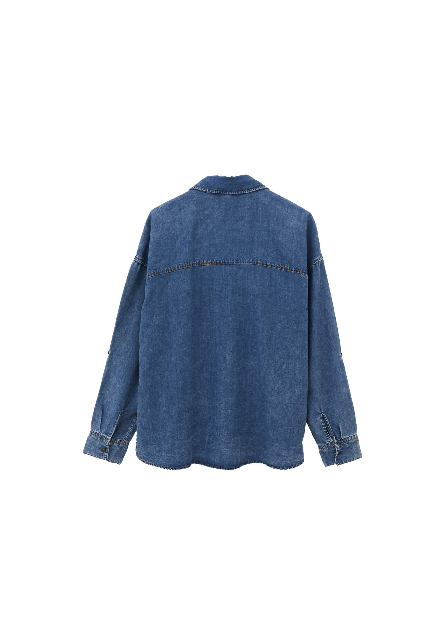Long Sleeve Loose Fit Shirt With Pockets - MID BLUE DENIM