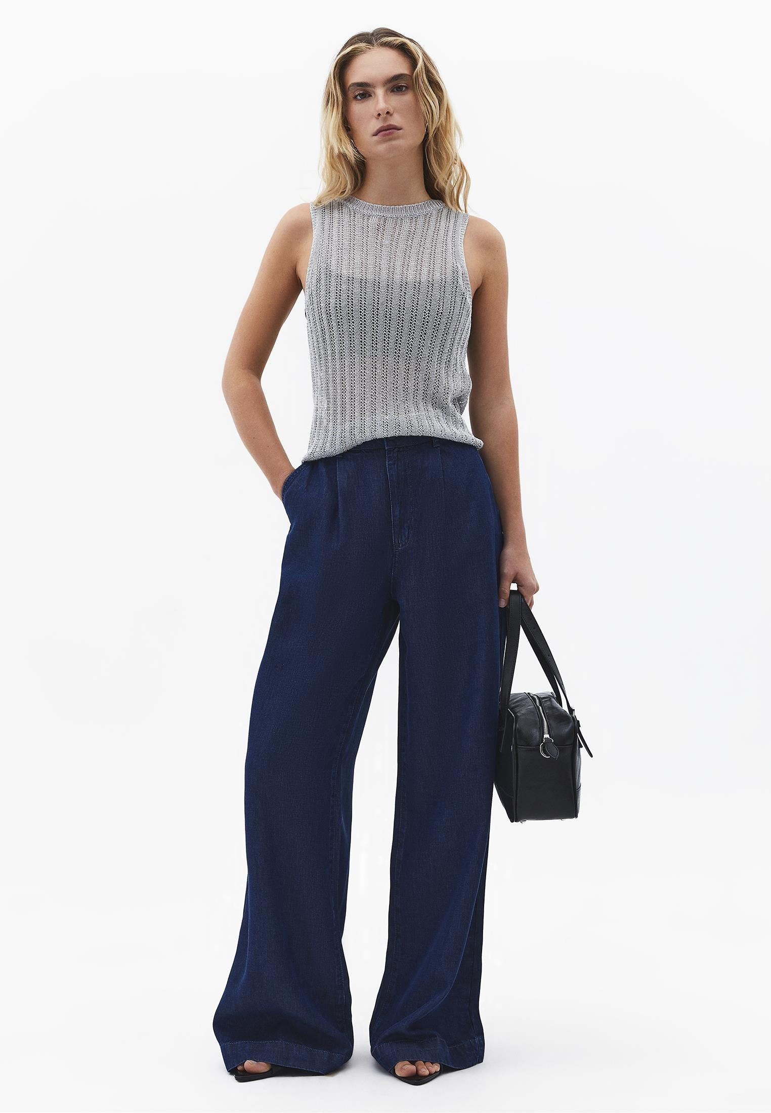 Pleated Wide Leg Pants - MID BLUE