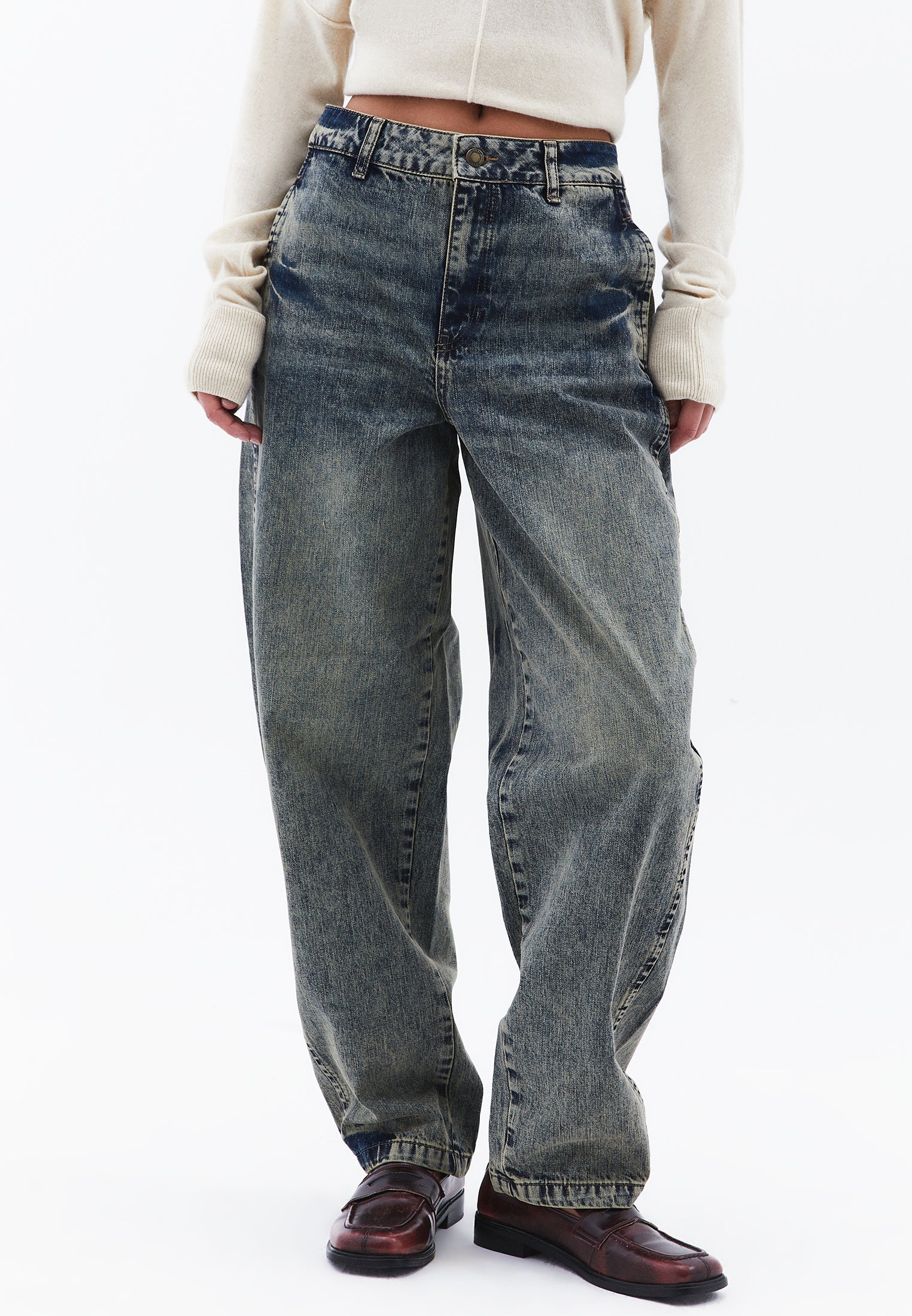 Barrel Leg Denim Pants - MID BROWN DENIM