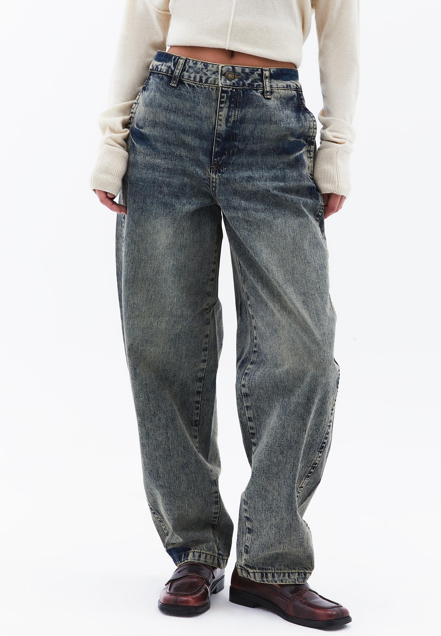 Barrel Leg Denim Pants - MID BROWN DENIM