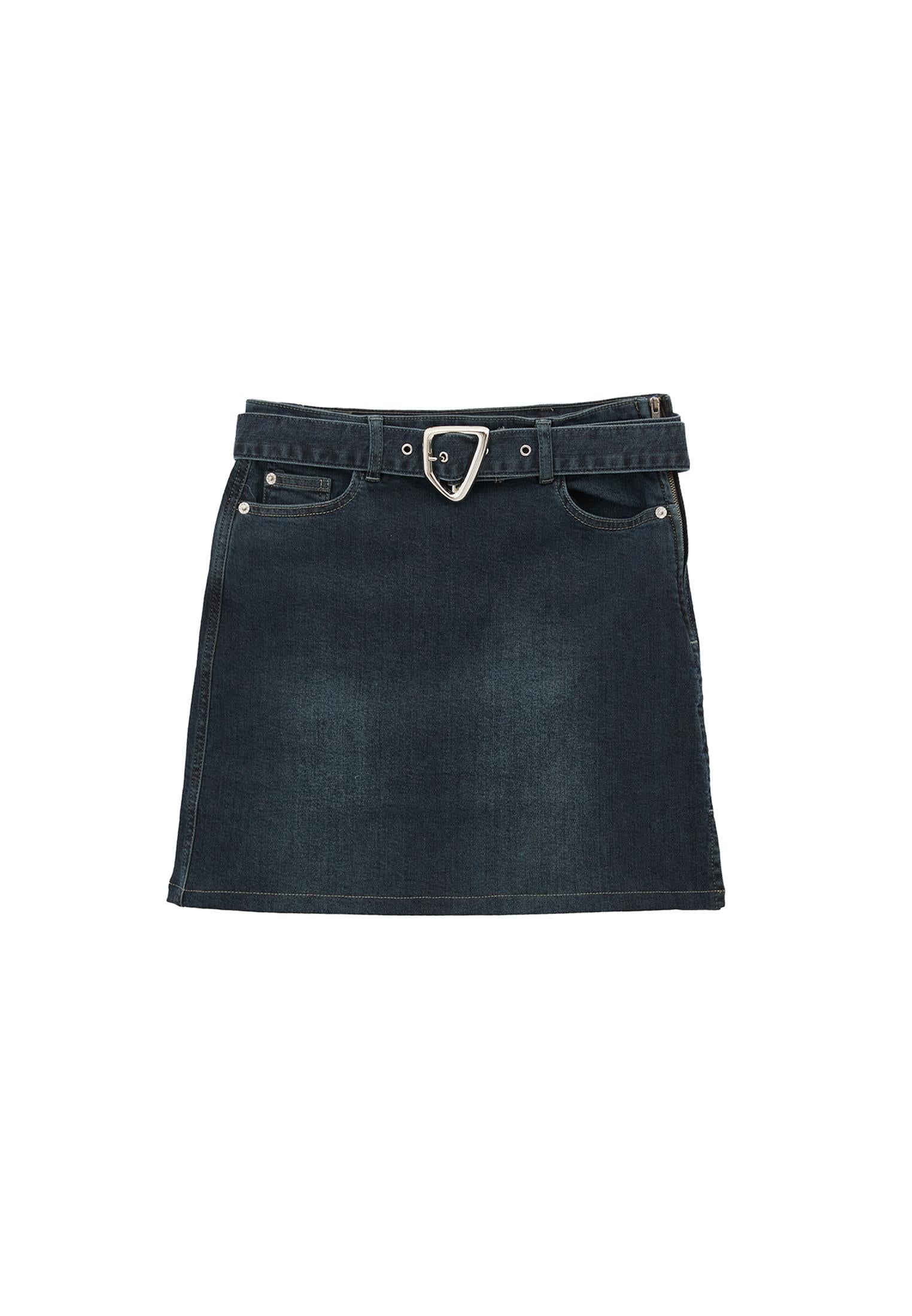 Ultra High Waist Belt Detailed Mini Skirt - MID BROWN DENIM