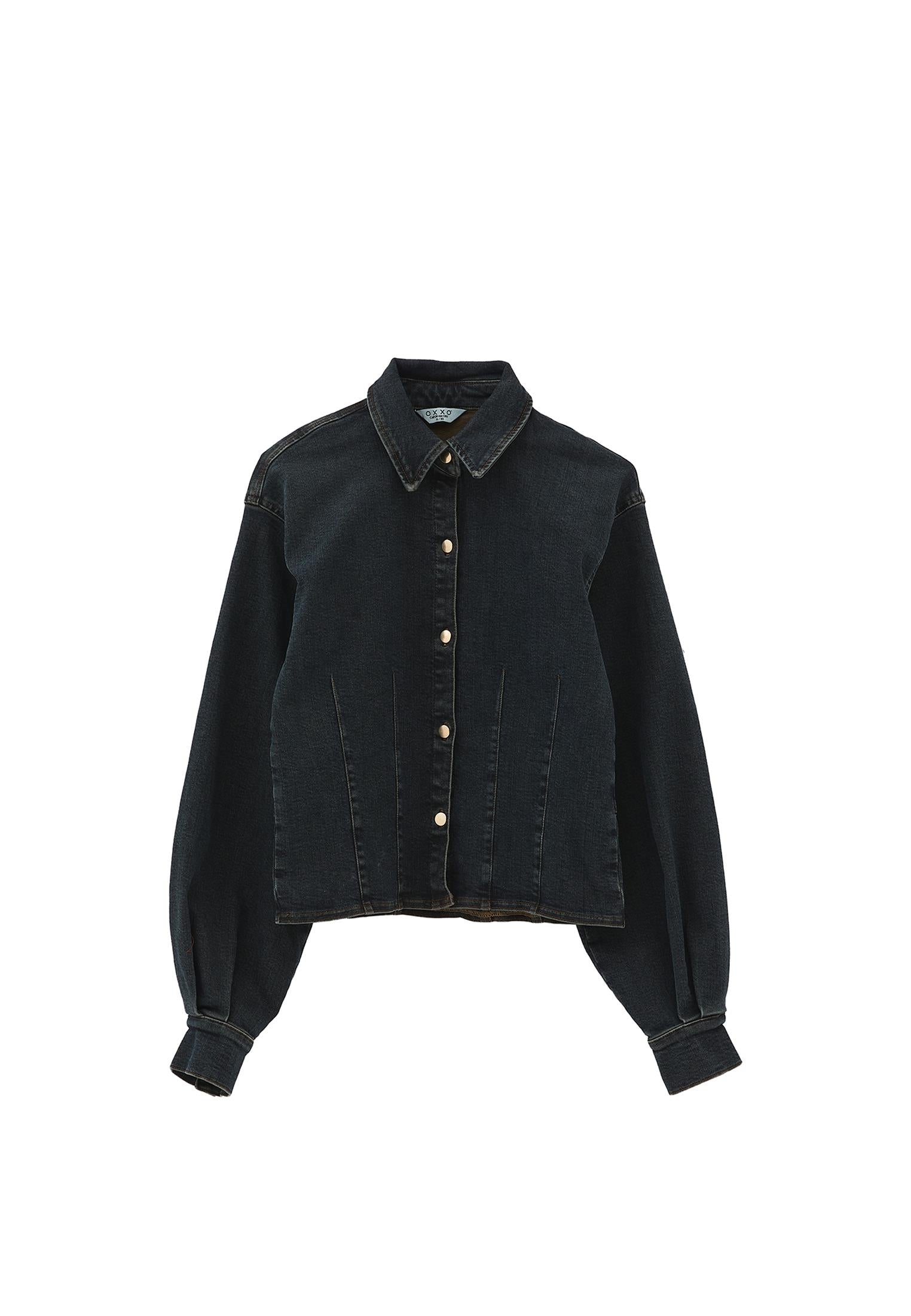 Cropped Long Sleeve Blouse - MID BROWN DENIM