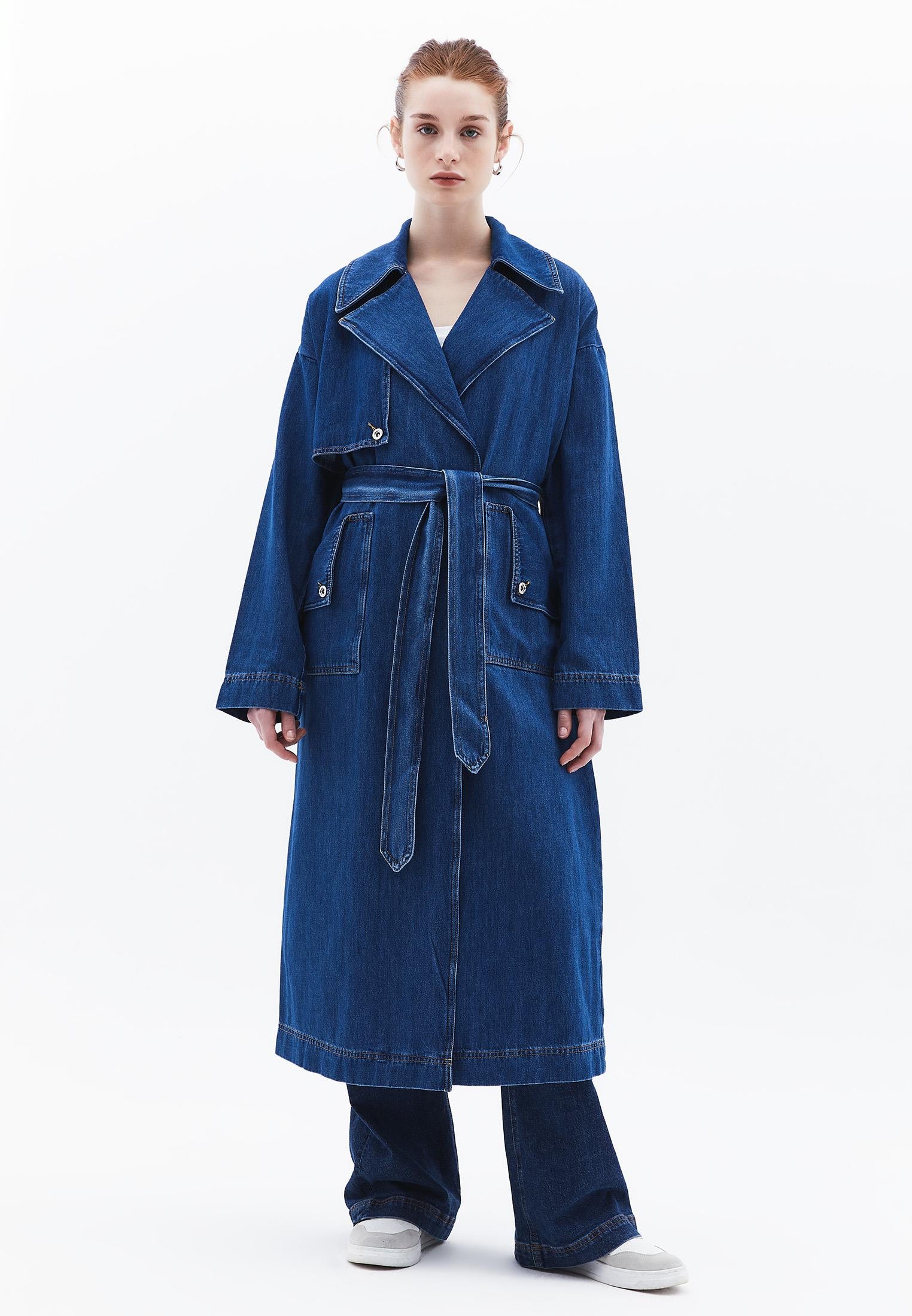 Oversize Long Denim Wrap Coat - MID DENIM