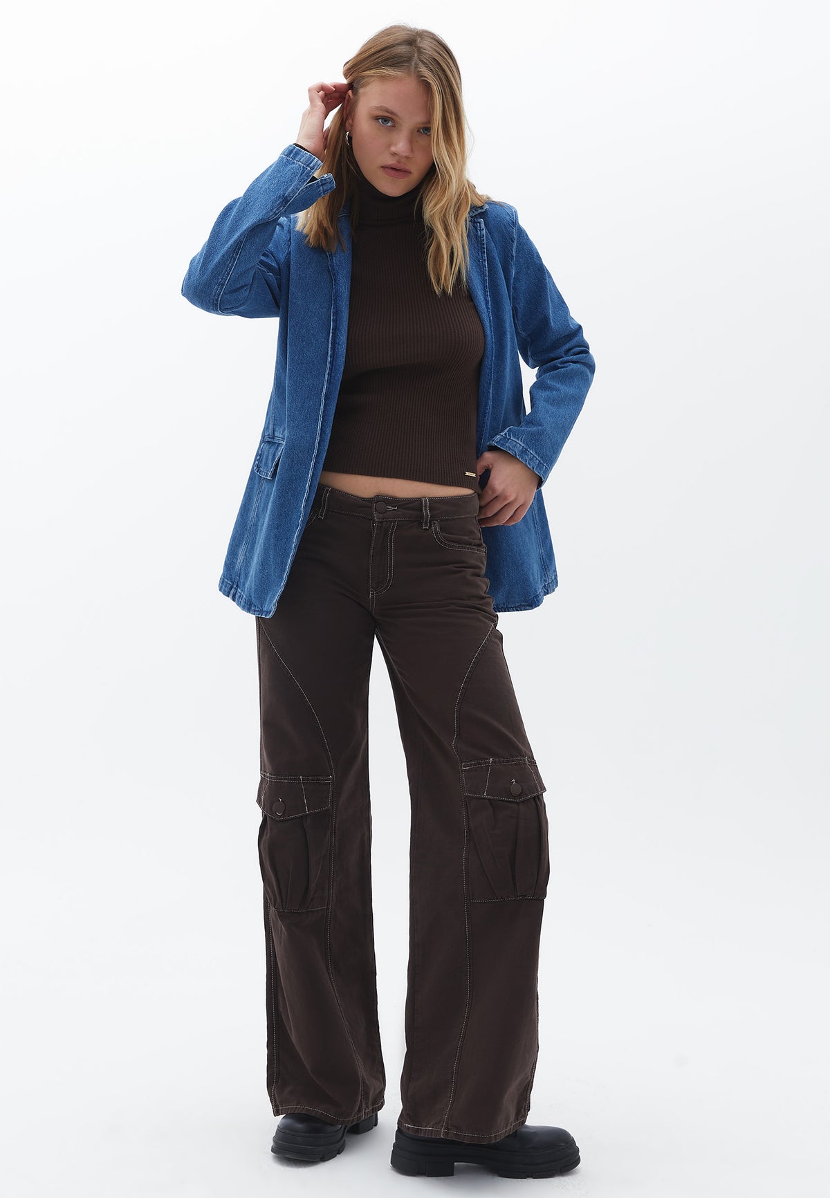 Denim Long Sleeve Pocket Detailed Tunic Jacket - MID DENIM