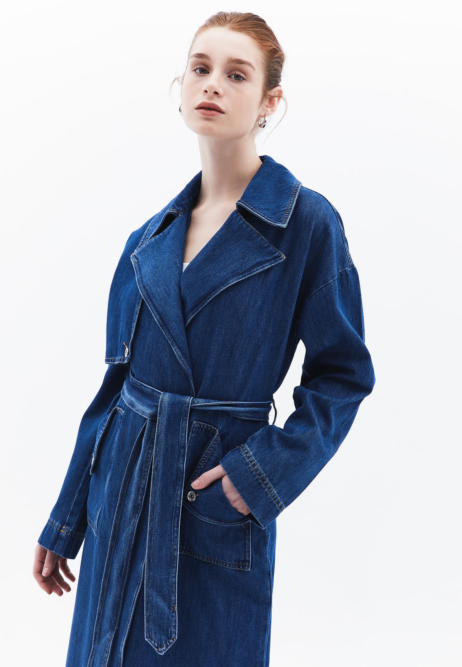 Oversize Long Denim Wrap Coat - MID DENIM